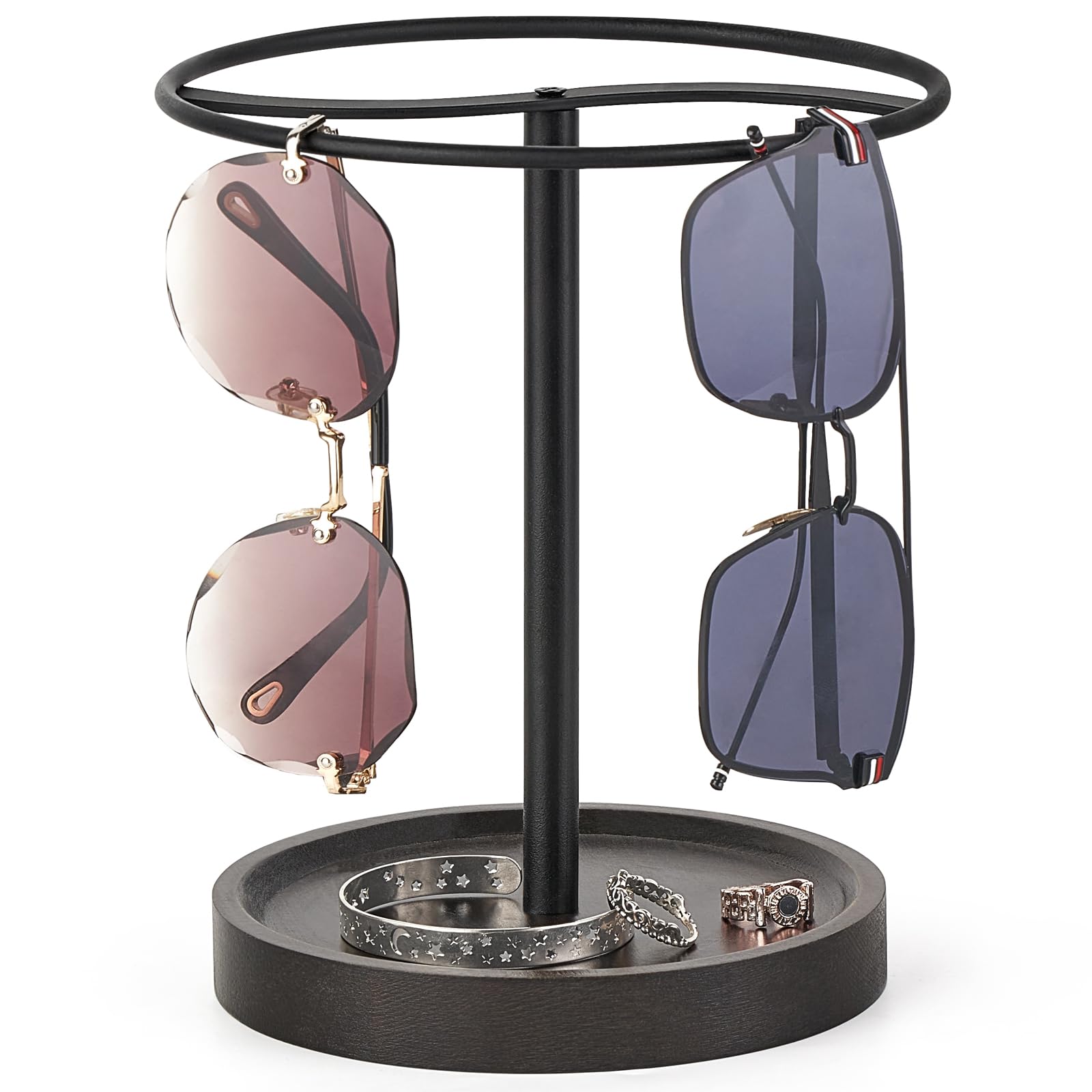 Dahey Organizador de gafas de sol, soporte de metal con bandeja de madera para gafas, aretes, anillos, exhibición de almacenamiento de joyas, hasta 12 pares de gafas para mesa, tocador, escritorio,