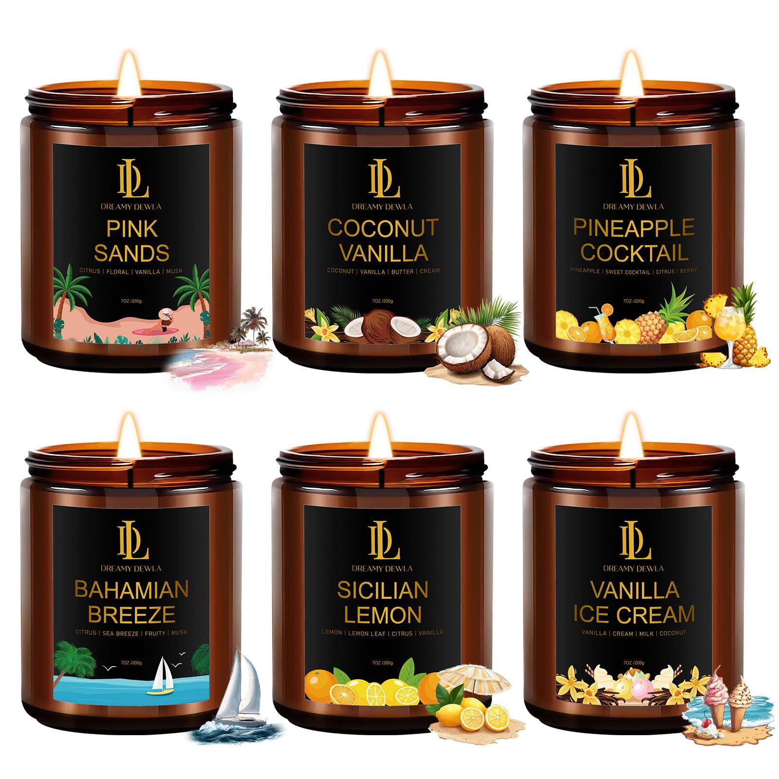 Photo 1 of ***DAMAGED/MISSING WICKS*** 6 Pack Scented Candles Set, 42oz 300 Hour Long Lasting Candle, Soy Candles for Home Scented, Scents of Coconut Vanilla/Pineapple Cocktail/Sicilian Lemon/Pink Sands/Bahama Breeze/Vanilla Ice Cream