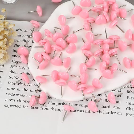 100pcs Push Pins, 0.47inch Plastic Pushpins Pink Push Pins Heart Shaped Cute Thumb Tacks Decorative for Home School Office Notice Board Cork Board