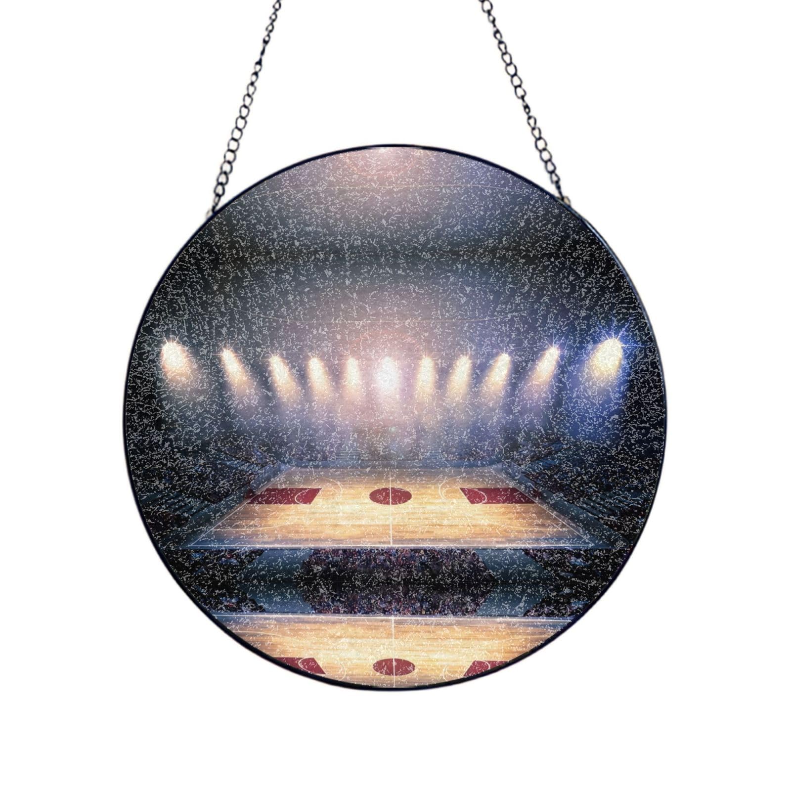 Phayah Basketball Arena Print Glass Window Hanging Round Suncatcher Glass Ornament Garden Wall Fence Decorations Indoor Outdoor 12in（30cm）