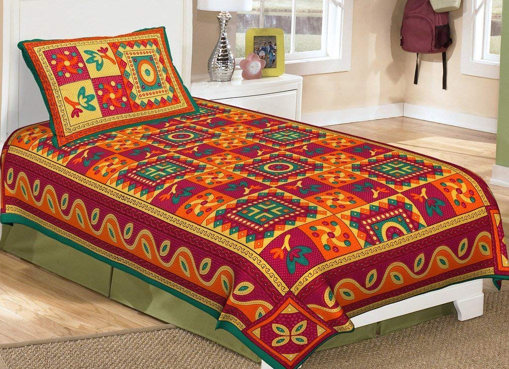 144 TC Cotton Comfort Rajasthani Jaipuri Traditional Sanganeri Print Single Bedsheet with 1 Pillow Covers (Green)-image-25