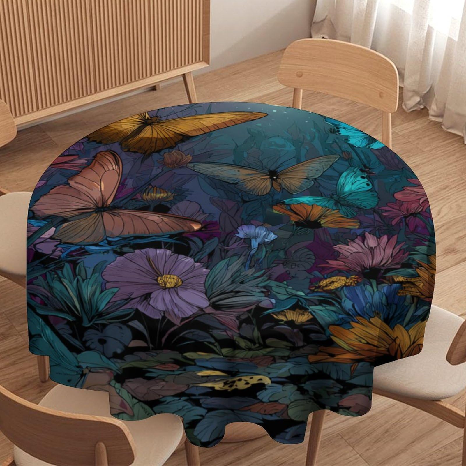 LUYYSKY Rustic Abstract Spring Garden Round Tablecloth Beautiful Realistic Full Moon Animal Butterflies Pattern Washable Decor for Table Cover for Kitchen-127 Wx127 L cm