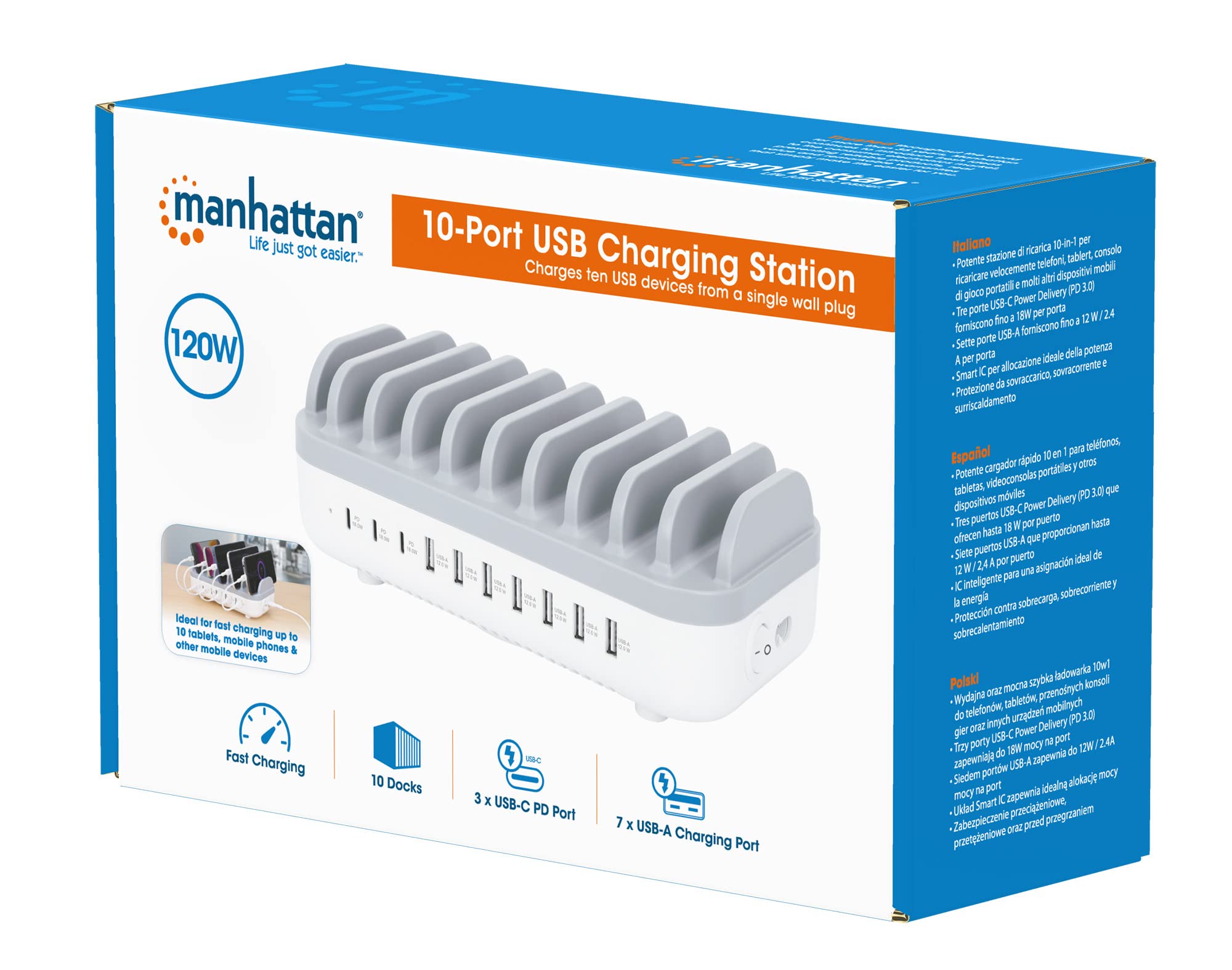 Manhattan Stazione di ricarica USB Power Delivery a 10 porte, 120 W, bianco/grigio
