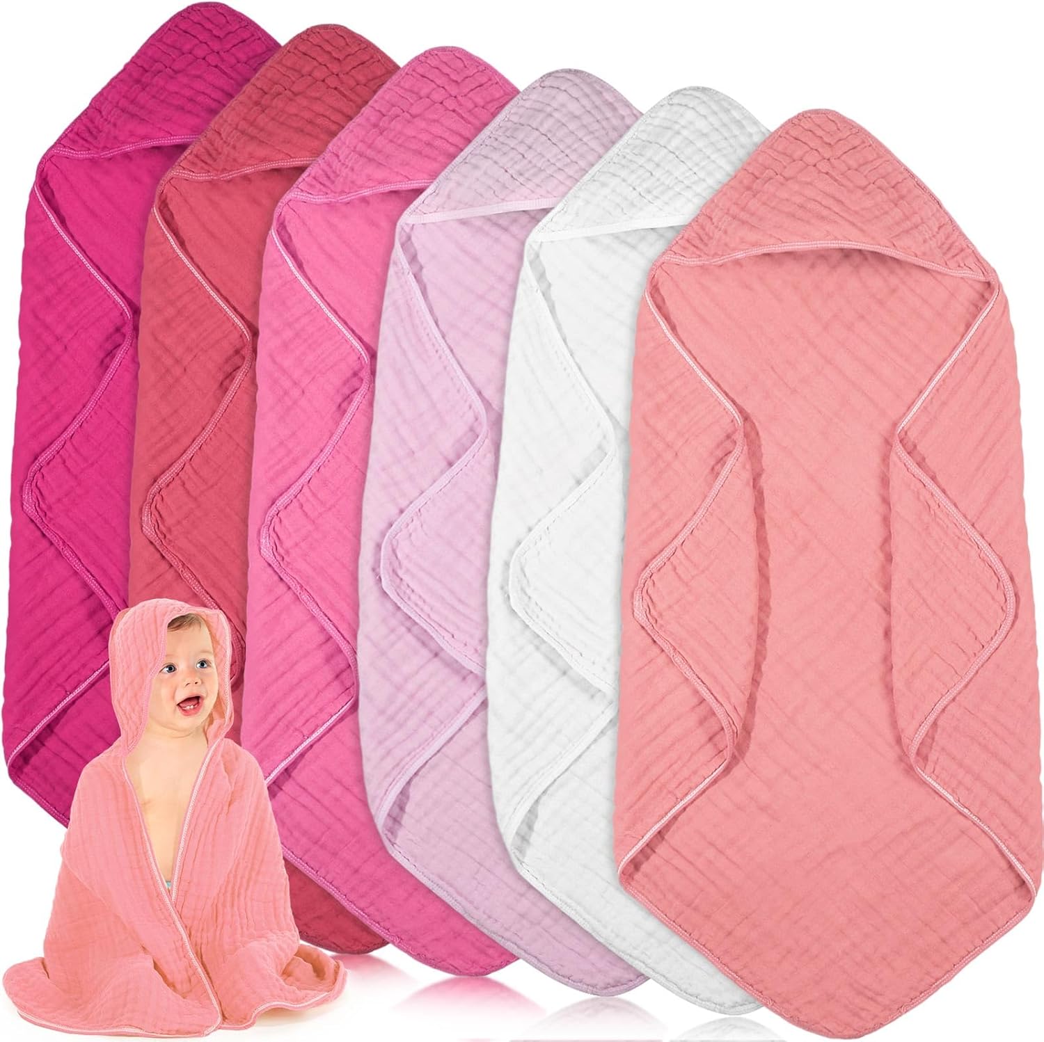 Peryiter 6 Pcs Muslin Hooded Baby Towels,32″x 32″ Cotton Newborn Bath Towel Muslin Infant Baby Towels Absorbent Unisex Hooded Blankets,Newborn Registry Baby Gift for Girls Boys (Pink)