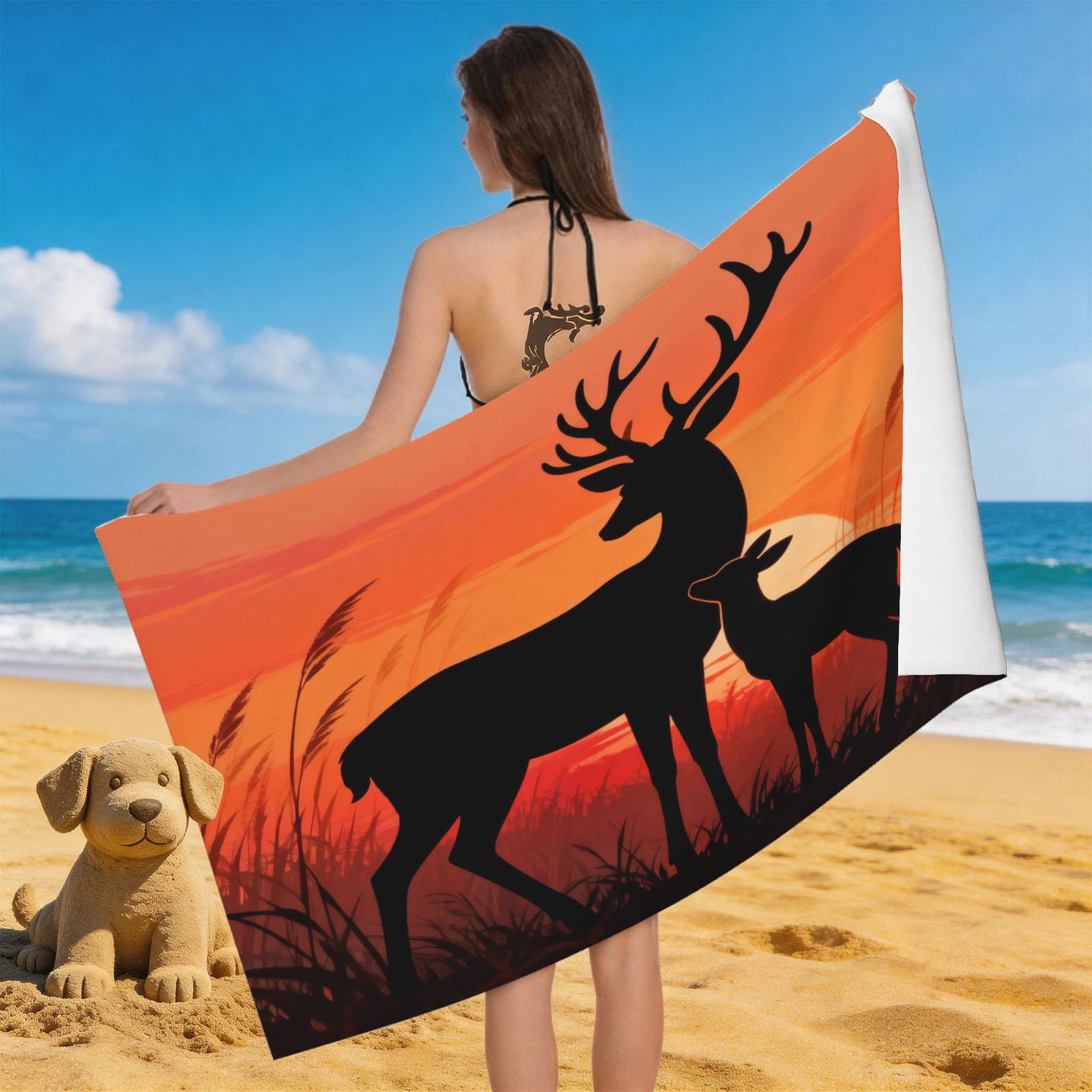 Leichong 3D Deer Beach Towel Microfiber Soft Quick Dry for Adults, Sunset Scenery Bath Towel Lightweight Soft Absorbent for Travel Swimming Pool Sports, 75 x 150 cm