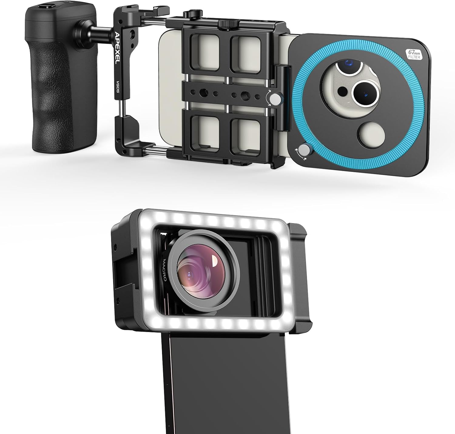 APEXEL Fill Light 15X Macro Lens with Universal Phone Rig Video Kit, Compatible with iPhone/Android.