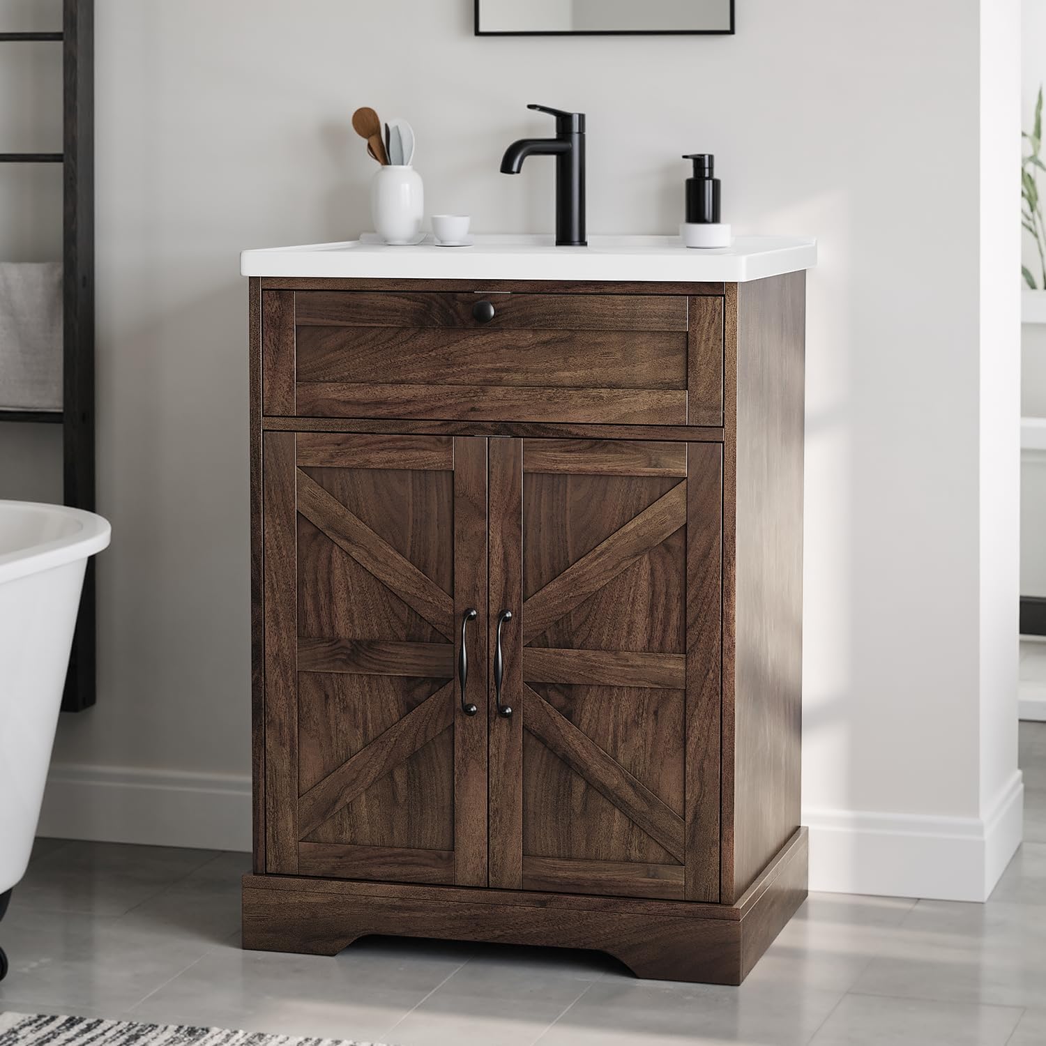 Smuxee 23.6" Bathroom Vanity with Ceramic Basin, Farmhouse Bathroom Sink Cabinet with 2 Doors and 1 Drawer, Free Standing Walnut Bathroom Storage Cabinet with Sink Combo Set