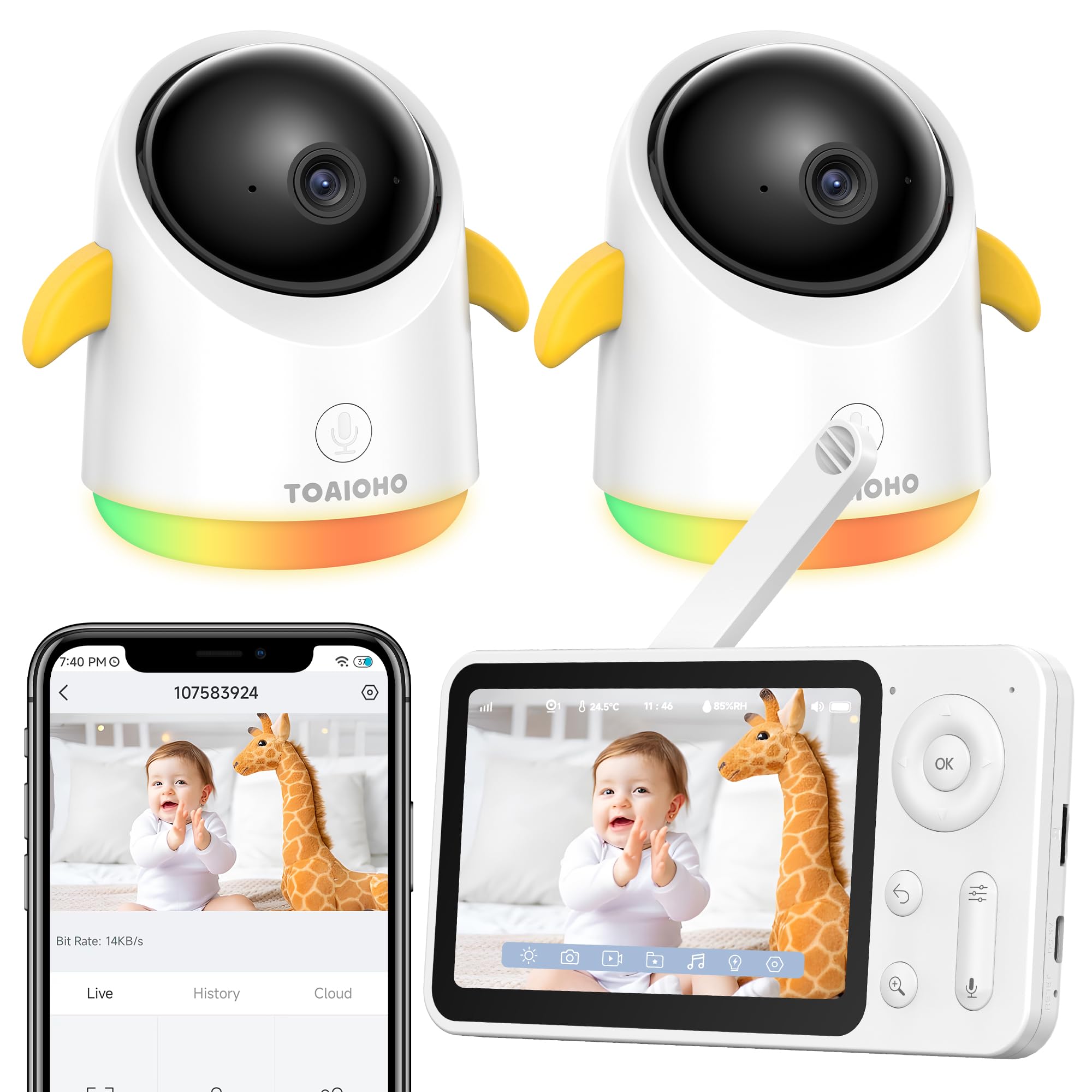 Baby Monitor with 2 Cameras and Audio WiFi/No WiFi: Baby Monitor WiFi Smartphone APP Control NightVision 4.3' Screen Smart Video Baby Monitor with