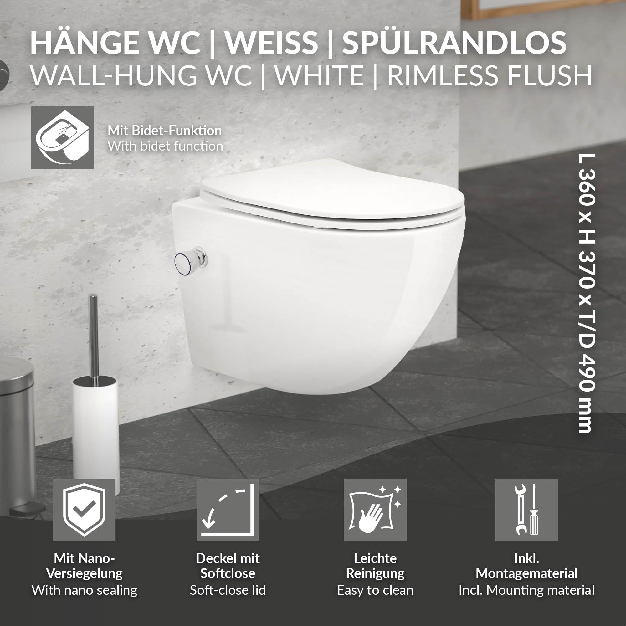 LuxeBath WC Cerámico Suspendido Corto 49cm con Función de Bidé con Nanorecubrimiento, Inodoro Colgante Blanco Mate sin Cisterna, Asiento de WC Extraíble con Softclose en Duroplast Bajada Automática