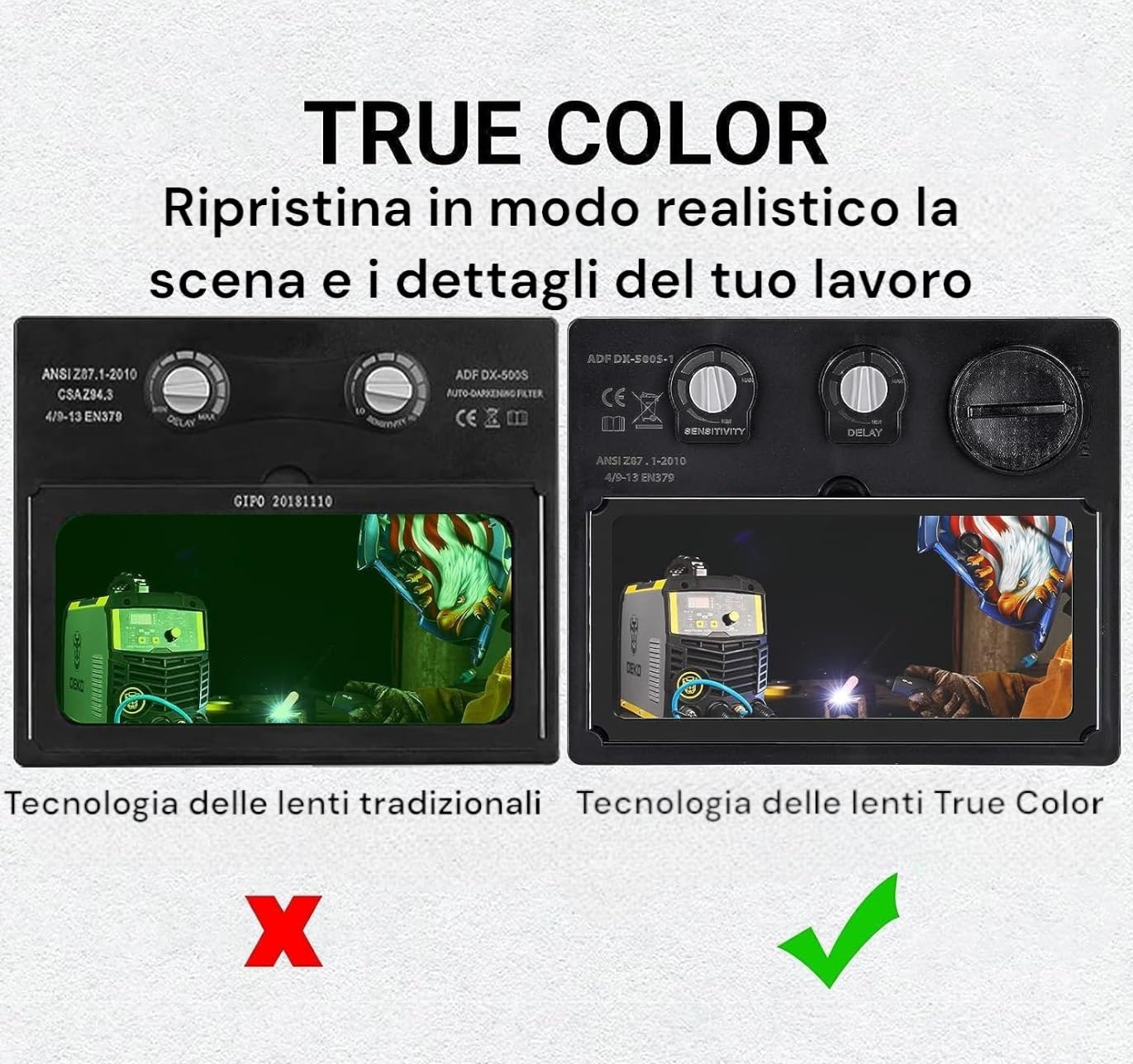 Maschera per Saldatura ad Energia Solare Autoscurante Oscurante Autoalimentato Gamma di Ombre Regolabili DIN4/9-13 Protezione UV/IV Maschera da Saldatore Casco Saldatura per MIG TIG MAG MMA (Aquila)