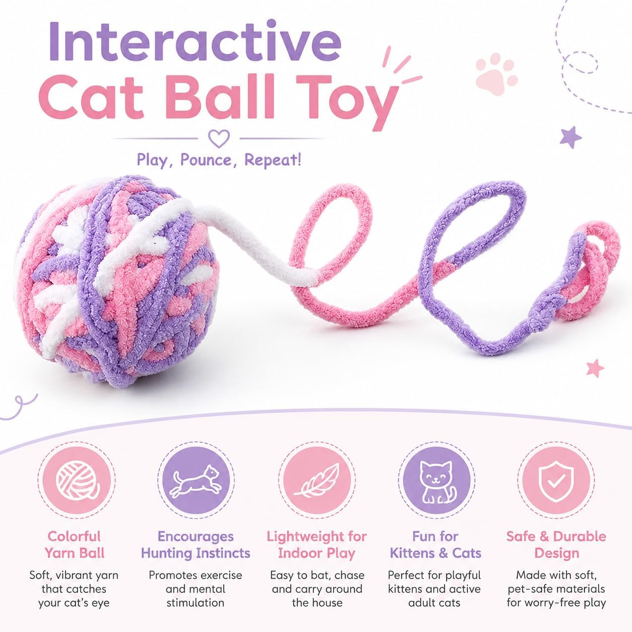 Interactive Cat Ball Toy with Yarn, 1.97 inch, Colorful Chewing Toy for Kitten Training, Indoor Pet Supplies image 3
