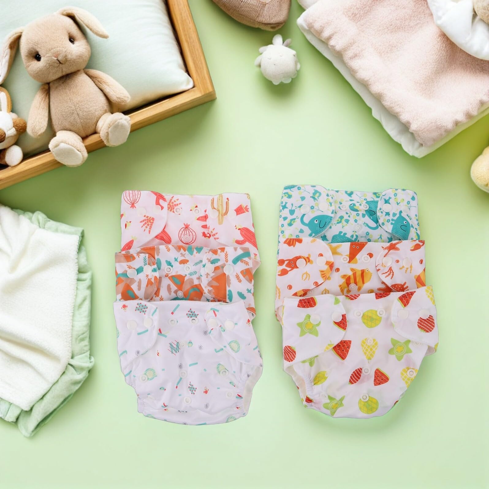 Pañales Reutilizables para Recién Nacido 6 Unidades con Ropa Interior Ajustable, Absorbente y Transpirable, Estampados Infantiles (cactus, Elefante, Fruta), Pañales de