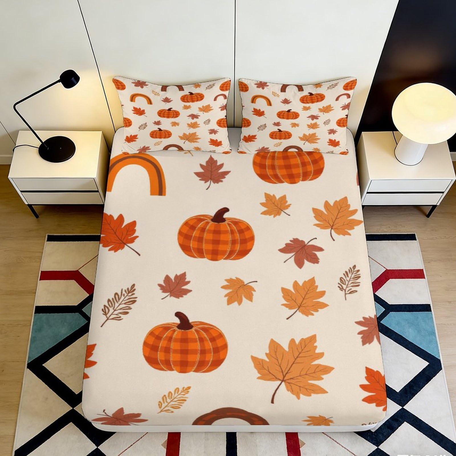 3D Printed Pumpkin Maple Leaf Fitted Sheet Microfiber Autumn Harvest Bed Cover for Bedroom Guest Room Decor 90x200x25cm