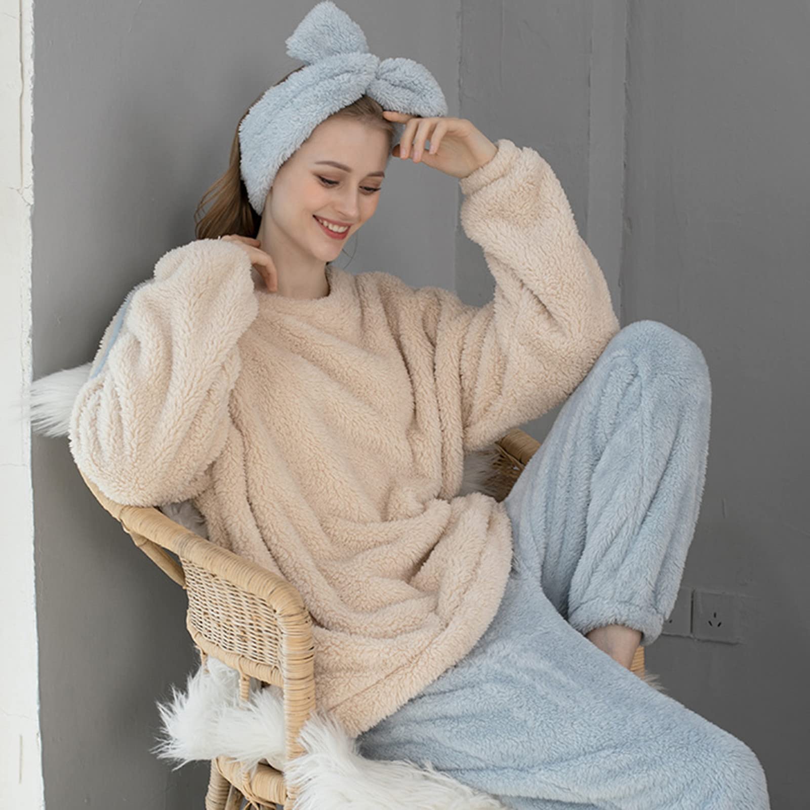 Pyjama long en flanelle pour femme - En polaire thermique - Douillet - Avec écharpe - Vêtement de nuit chaud - Ensemble 2 pièces - Haut moelleux - Manches longues - Pantalon de pyjama doux