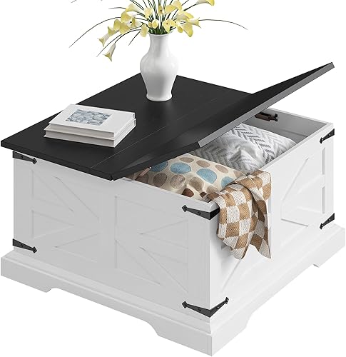 Miniatura 8 de Bigbiglife Mesa de centro de granja con almacenamiento, mesa central cuadrada de 31.5 pulgadas para sala de estar, mesa de cóctel de madera rústica