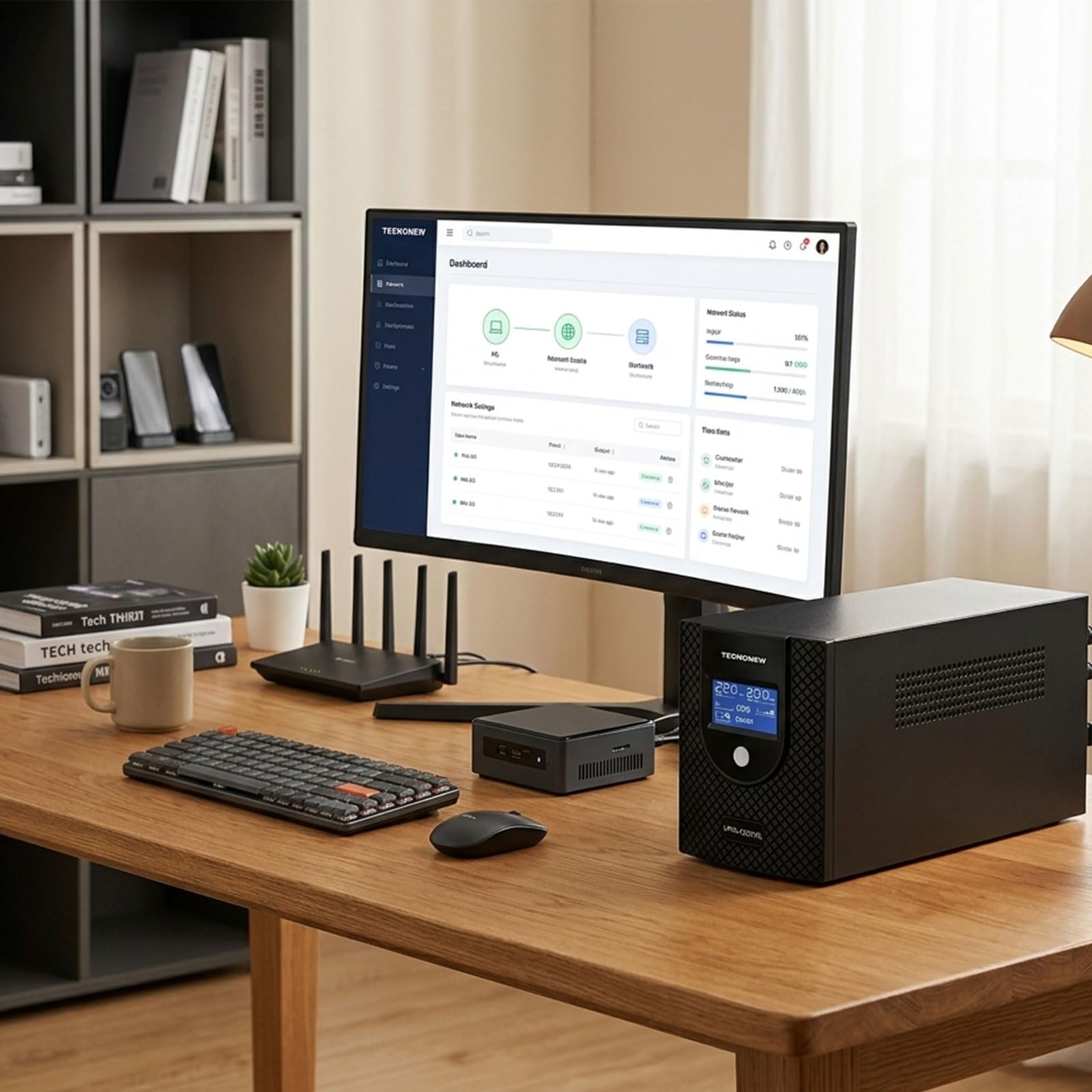 TN-1200VA UPS per Computer 1200VA 500Watt, Gruppo di Continuità per PC, Tecnologia Line Interactive, AVR, 3 Uscite Schuko, Display LCD