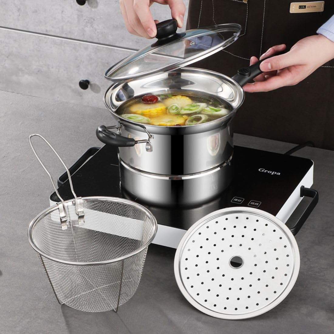 Pot à Frire 3 L Avec Passoire Panier à Frire Couvercle Pour Pot Vapeur, Clip Alimentaire En Acier Inoxydable 304 Avec Bord Haut, Pot à Frire Avec Bec Verseur, Friteuse