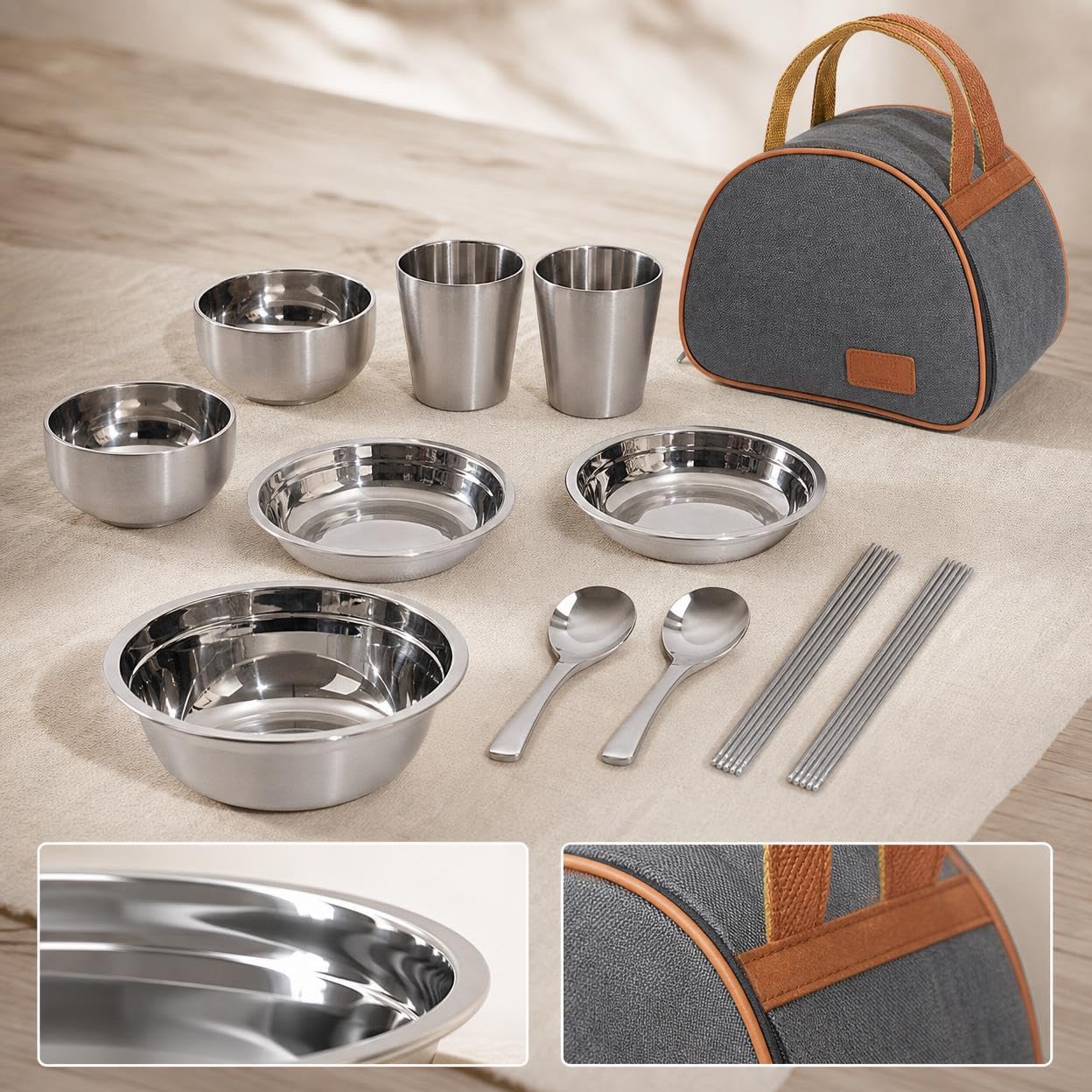 Camping Geschirr Set aus Elstahl, tragbares Outdoor Besteck Set für und Picknick, 11-teiliges Set aus Edelstahl
