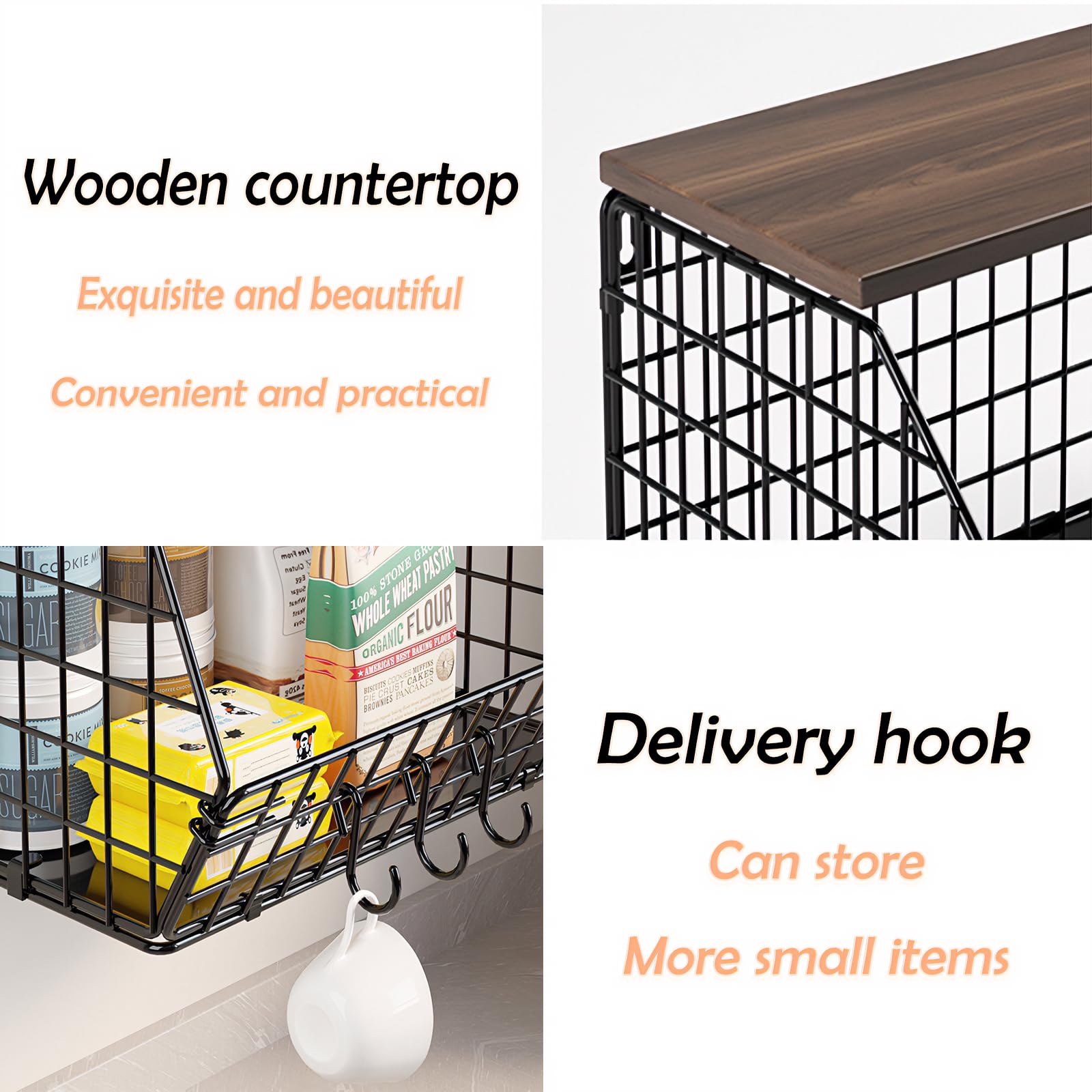 Frutero y Organizador de Cocina Plegable | Almacenaje Apilable para Mesa y Pared | con Tabla de Madera y Ganchos | Negro, Acero al Carbono