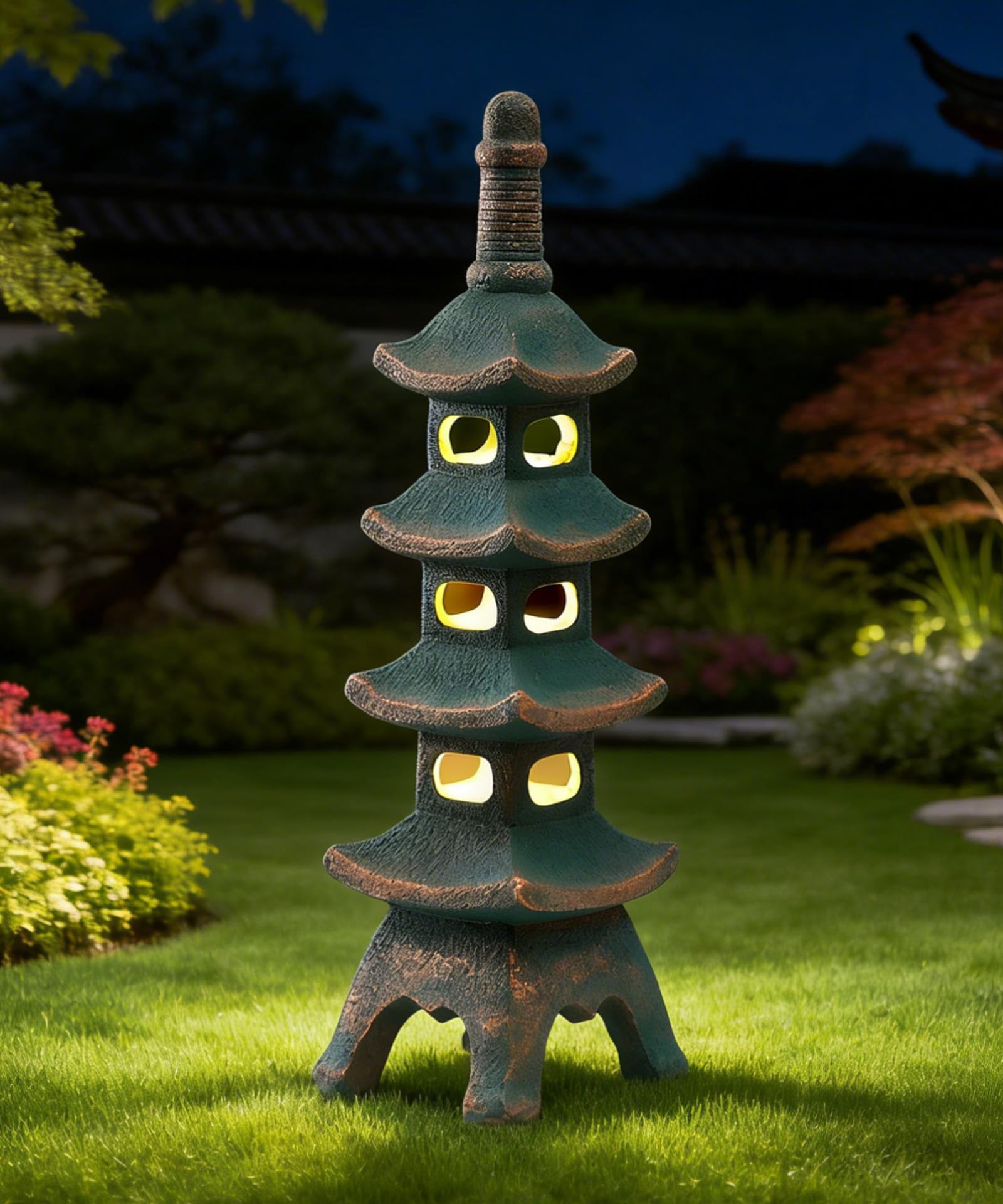 Yeomoo 65CM Solar Pagoda Garden Ornaments with LED Light, Resin Tower Decor