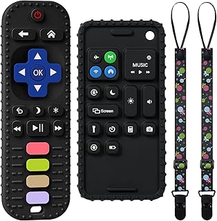 Aolso 2PCS Baby Teether Toys Silicone, Remote Control Shape Teething Toys and Phone Shaped Teether for Baby with 2PCS Pacifier Clip, Silicone Baby Teething Toys for 3 Months+, BPA Free (Black)
