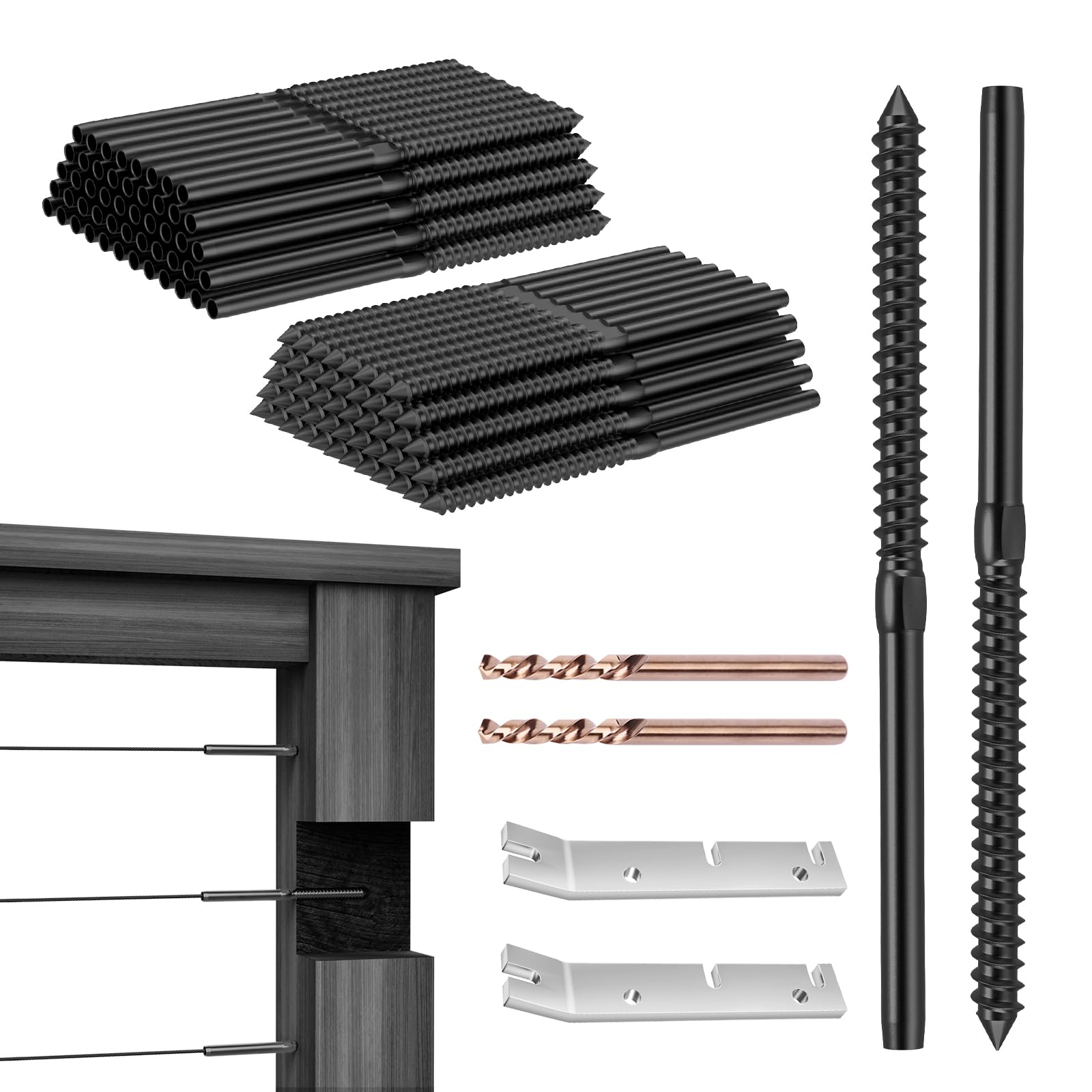 CKE 100 Pack Black T316 Stainless Steel Left&Right Handed Thread Swage Lag Screws for Wood Post 1/8" Black Cable Deck Railing Stair Railing Hardware