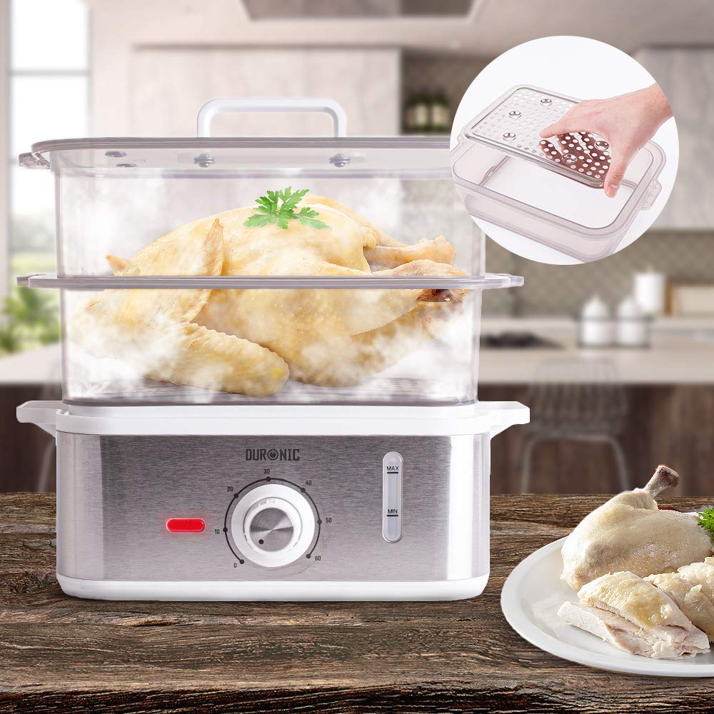 Duronic FS87 Vaporera eléctrica 870W | Minutero Temporizador | Capacidad de 10.6 litros y Bandeja antigoteo | Libre de BPA | Cocine verduras pescado arroz platos más sanos