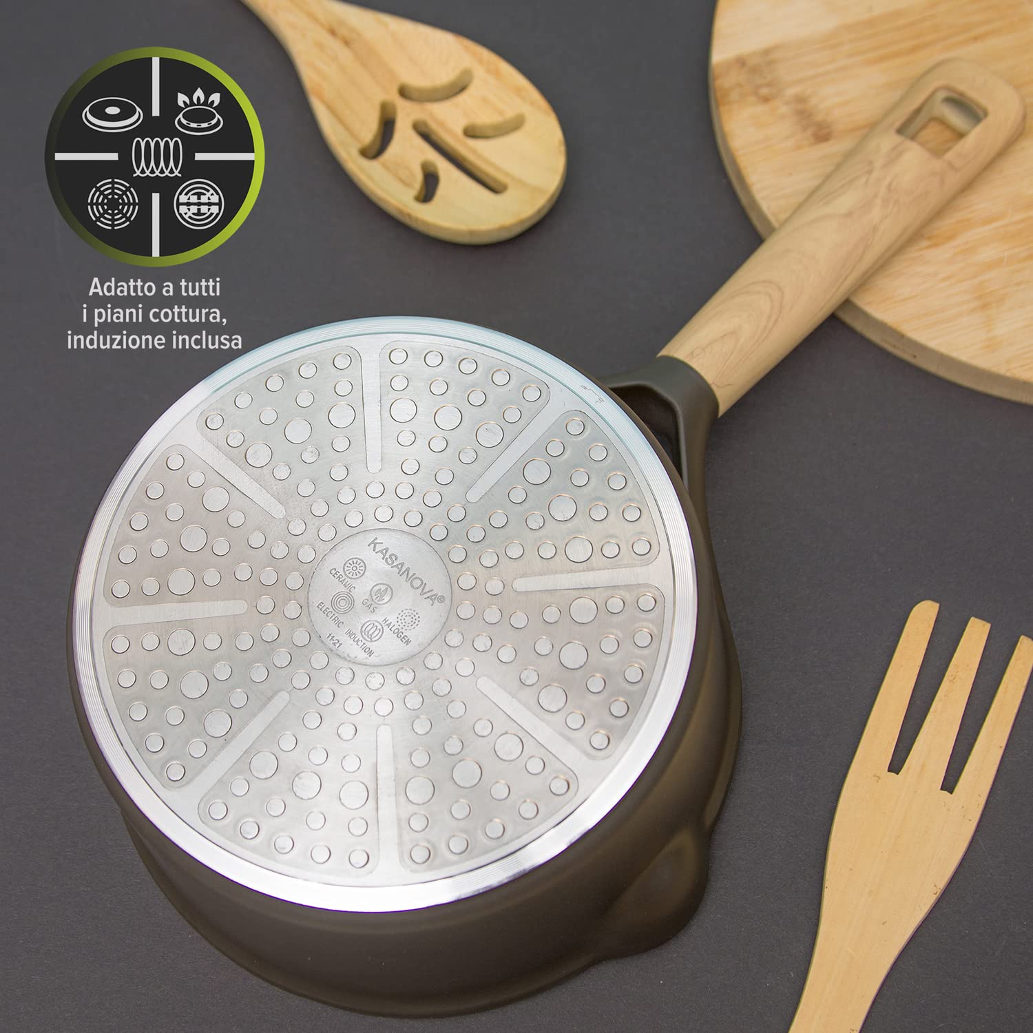 KASANOVA Casseruola Antiaderente vari colori Pot Art con Coperchio Innovativo, casseruola induzione, Ottimale per Stufati e Cotture Lente (Nero, 18 Cm)