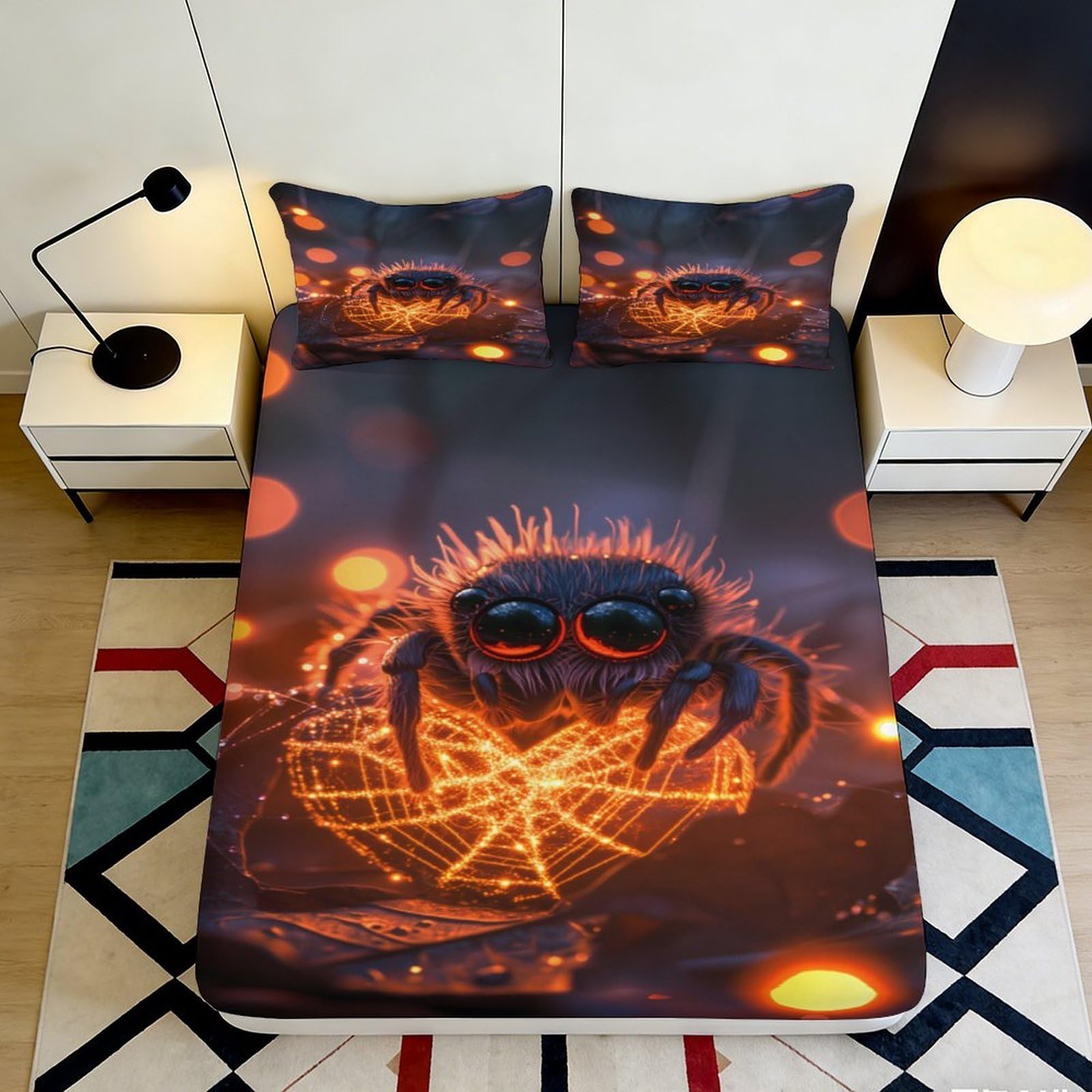 3D Printed Spider Web Fitted Sheet Microfiber Soft Black Orange Halloween Mattress Cover for Bedroom Dorm Decor 90x200x25cm