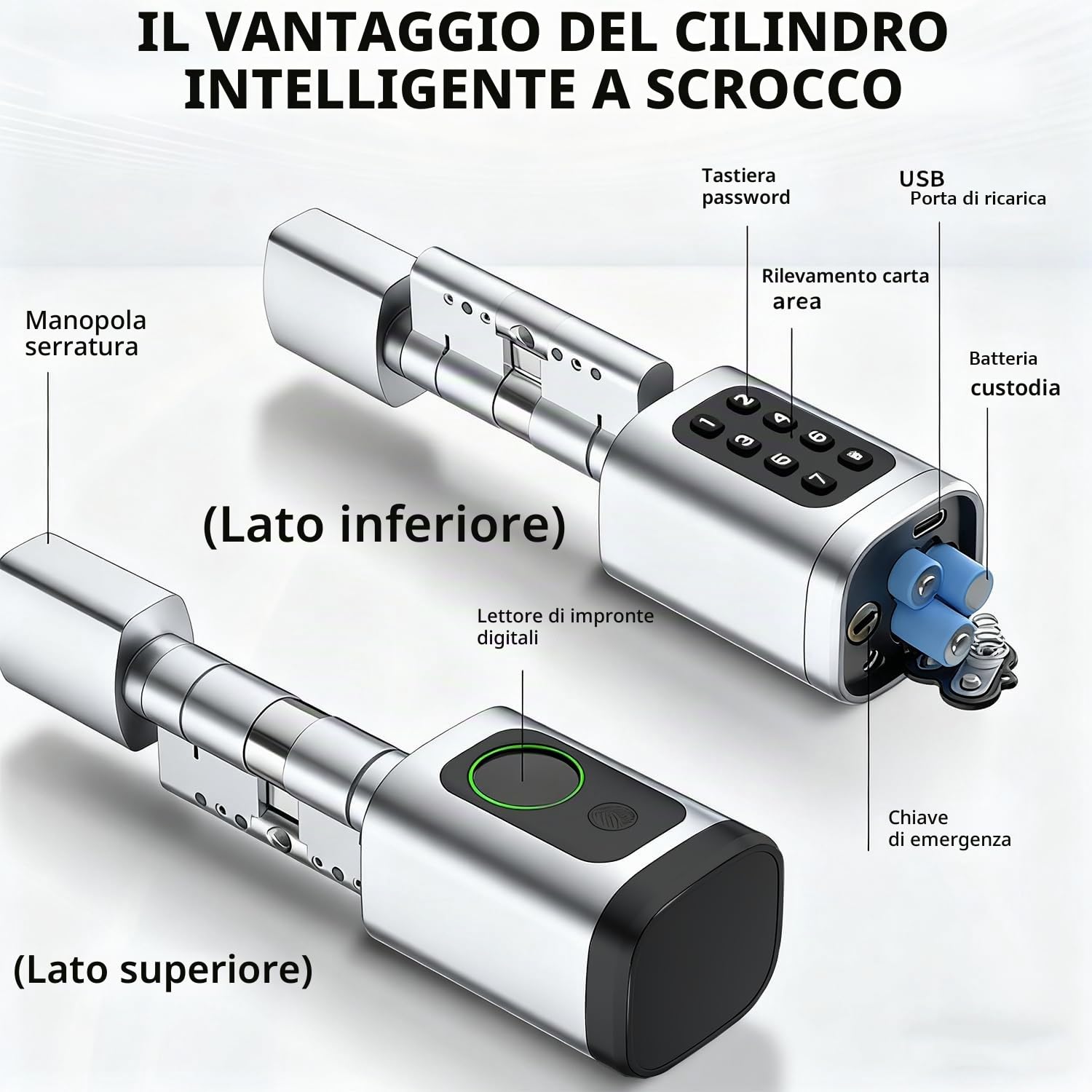 Serratura per porta con impronte digitali, 5 en 1, con codice numerico, chiave RFID APP, apriporta elettronica, cilindro di chiusura regolabile, 60-90 mm