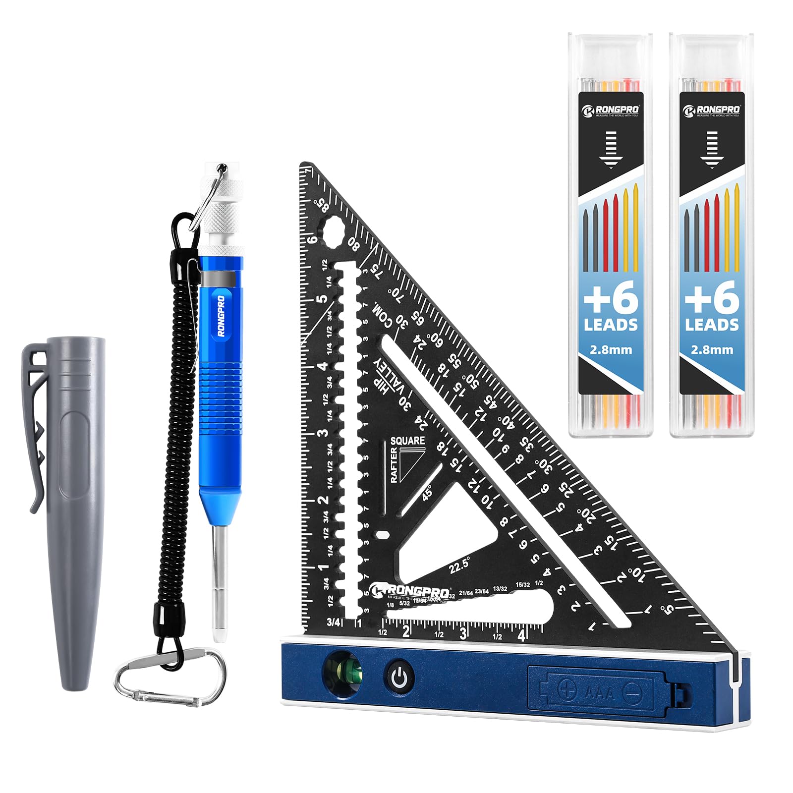 Viga cuadrada de 7 pulgadas con vial de nivel iluminado, regla triangular de aluminio multiusos resistente con lápiz de carpintero para carpintería y bricolaje en el hogar