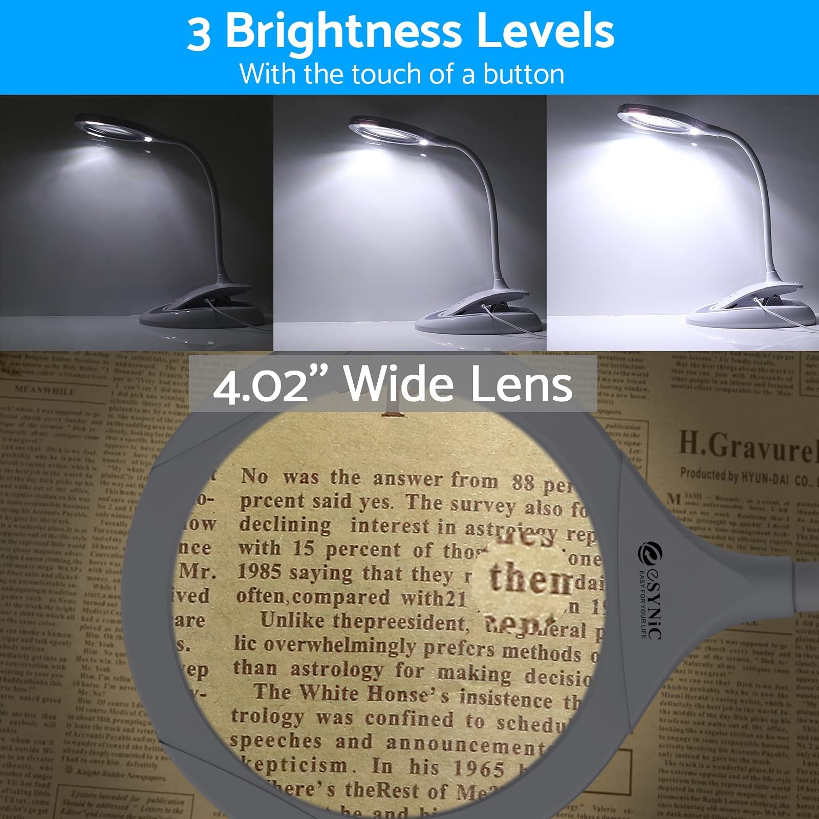 Lampa powiększająca 2 w 1, biurkowa ze szkłem powiększającym, ze stojakiem i zaciskiem, 5x 10x, lampa LED zasilana przez USB, z 3 regulowanymi ustawieniami światła do czy,