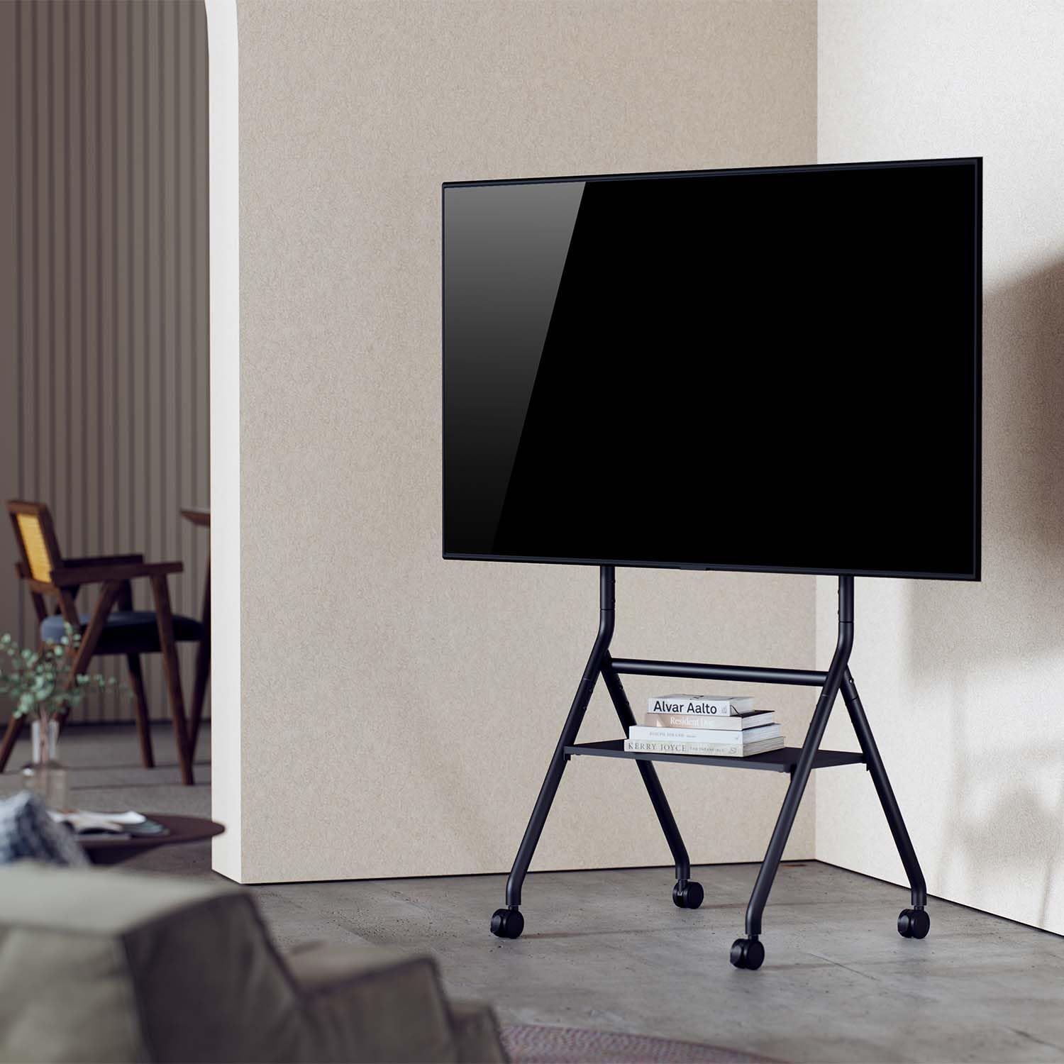 AISENS - FT86FE-329 - Soporte DE Suelo Eco con Rueda, 1 Bandeja para Pantalla INTERACTIVA/TV 80KG DE 37-86, Negro