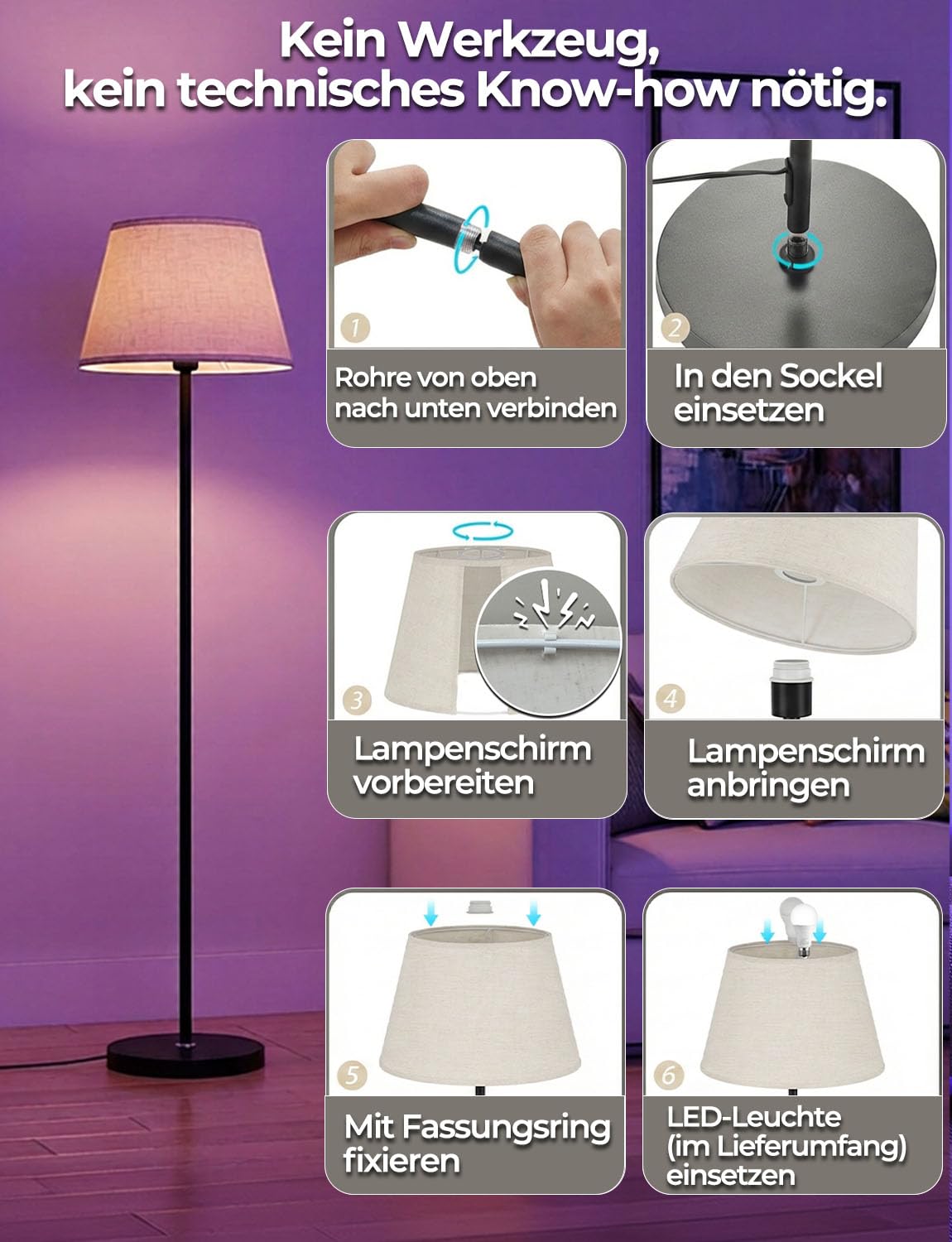 Stehlampe Wohnzimmer Dimmbar RGBDW mit Fernbedienung und Fußschalter, 9 Farben + 6 Dynamische Modi, 152cm Moderne Stehlampe mit 10W 1200LM LED Glühbirne, CRI92, Zeitschaltuhr, für Schlafzimmer & Büro