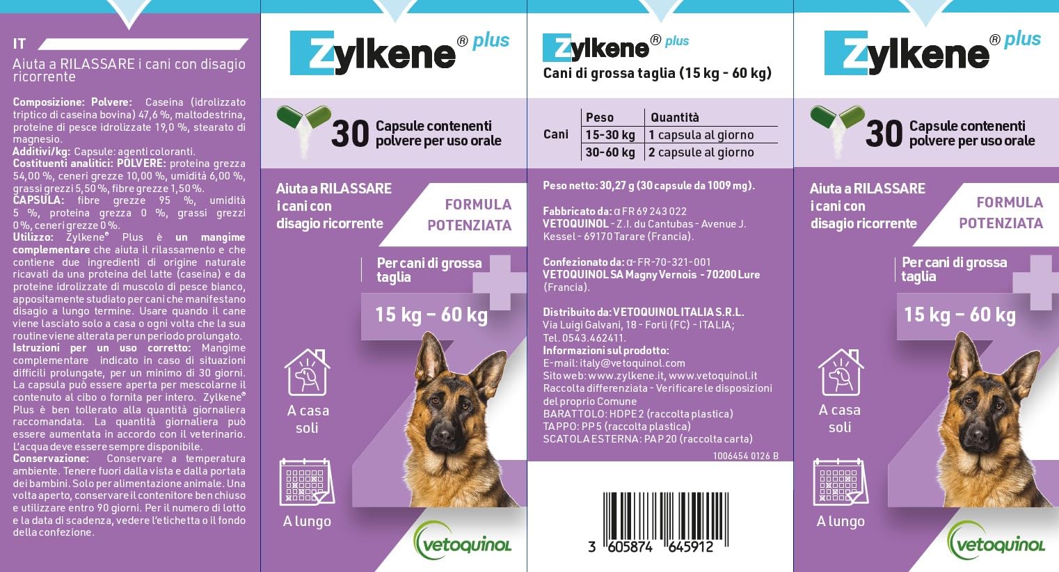 Zylkene Plus Mangime Complementare | Cani di taglia grande (15-60 kg) 450 mg | Promuove il rilassamento nelle situazioni di disagio nel lungo termine: Soli a casa, Nuovi animali e neonati | 30 capsule
