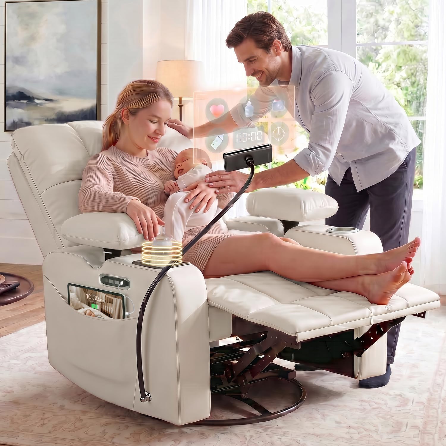 Power Rocking Chair Nursery, Electric Glider Recliner Chair with Night Light Smart Cup Holder, Oversized Nursing Chair for Breastfeeding with Adjustable Armrest Backrest Headrest Support, Beige White