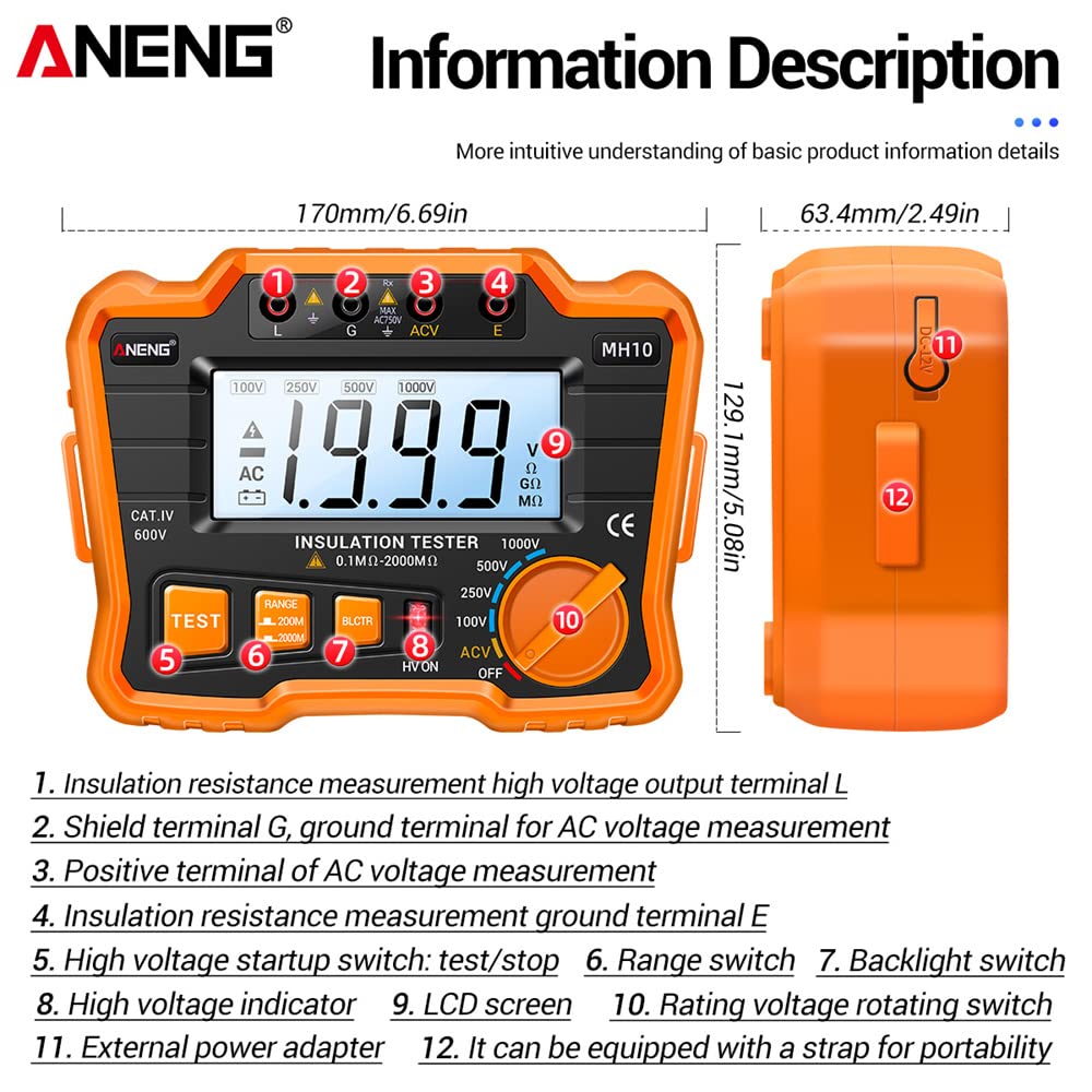 HUIOP ohmímetro Digital MH10 Probador de Resistencia de Aislamiento Digital 0.1MΩ-2000MΩ Megóhmetro con retroiluminación LCD Voltaje de Sal 100/250/ 500/ 1000V Medidor de Resistencia Aislado AC 750V