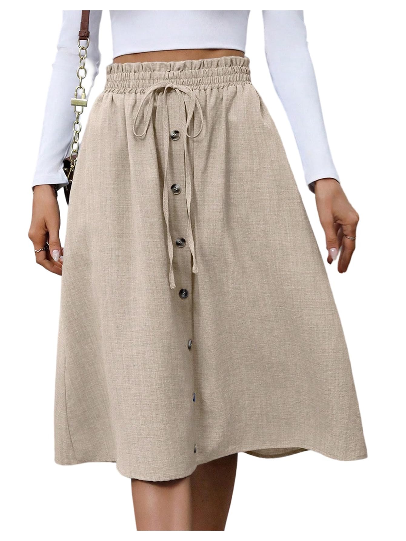 Verdusa Womens Button Paperbag Drawstring Waist Skirts A Line Flowy Denim Midi Skirt with Pocket