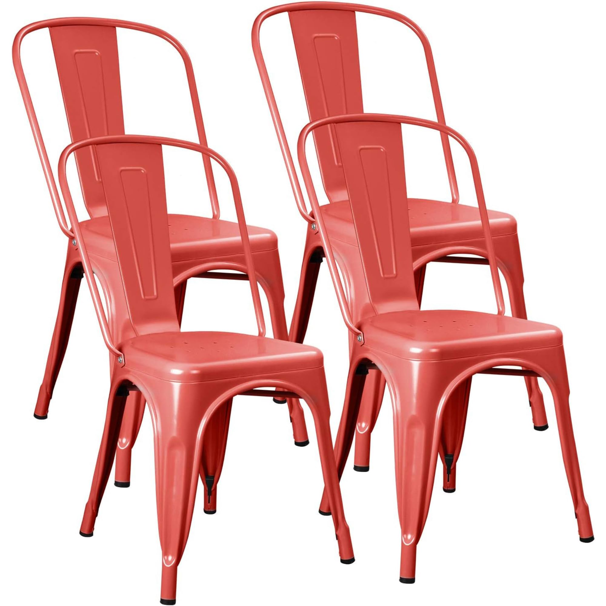 JUMMICO Metal Dining Chair Stackable Indoor Outdoor Industrial Vintage Chairs Bistro Kitchen Cafe Side Chairs with Back Set of 4 (Red)