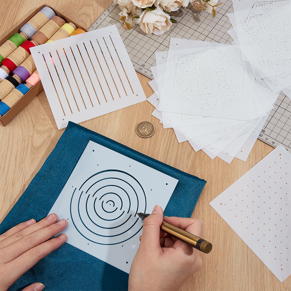 BENECREAT 16Pcs Mixed Styles Plastic Sashiko Stencil, 13x13cm Dots & Lines, Grid, Hexagons - Image 3