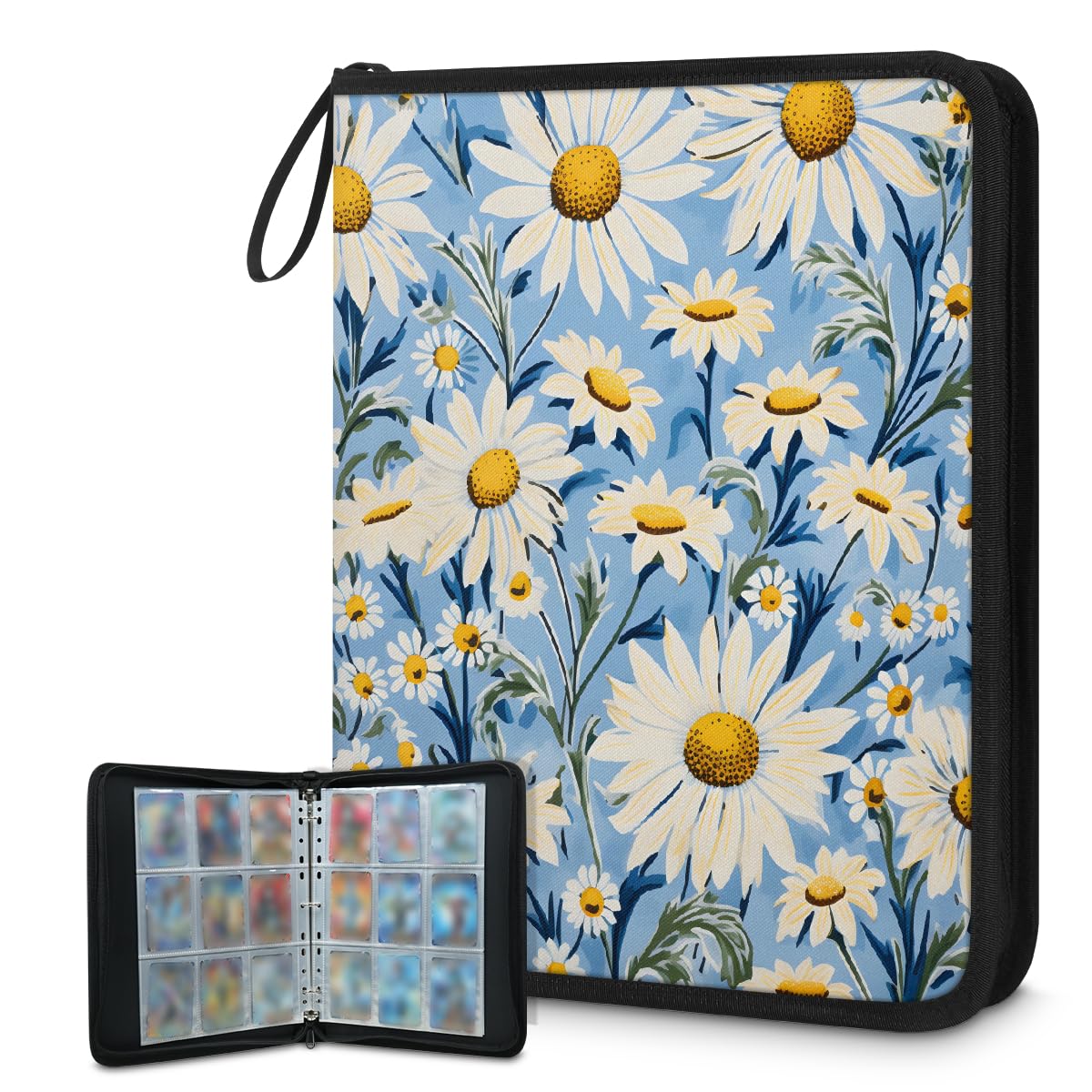 Raccoglitore per carte con 9 tasche, 900 tasche, con chiusura a cerniera (sfondo blu margherita)