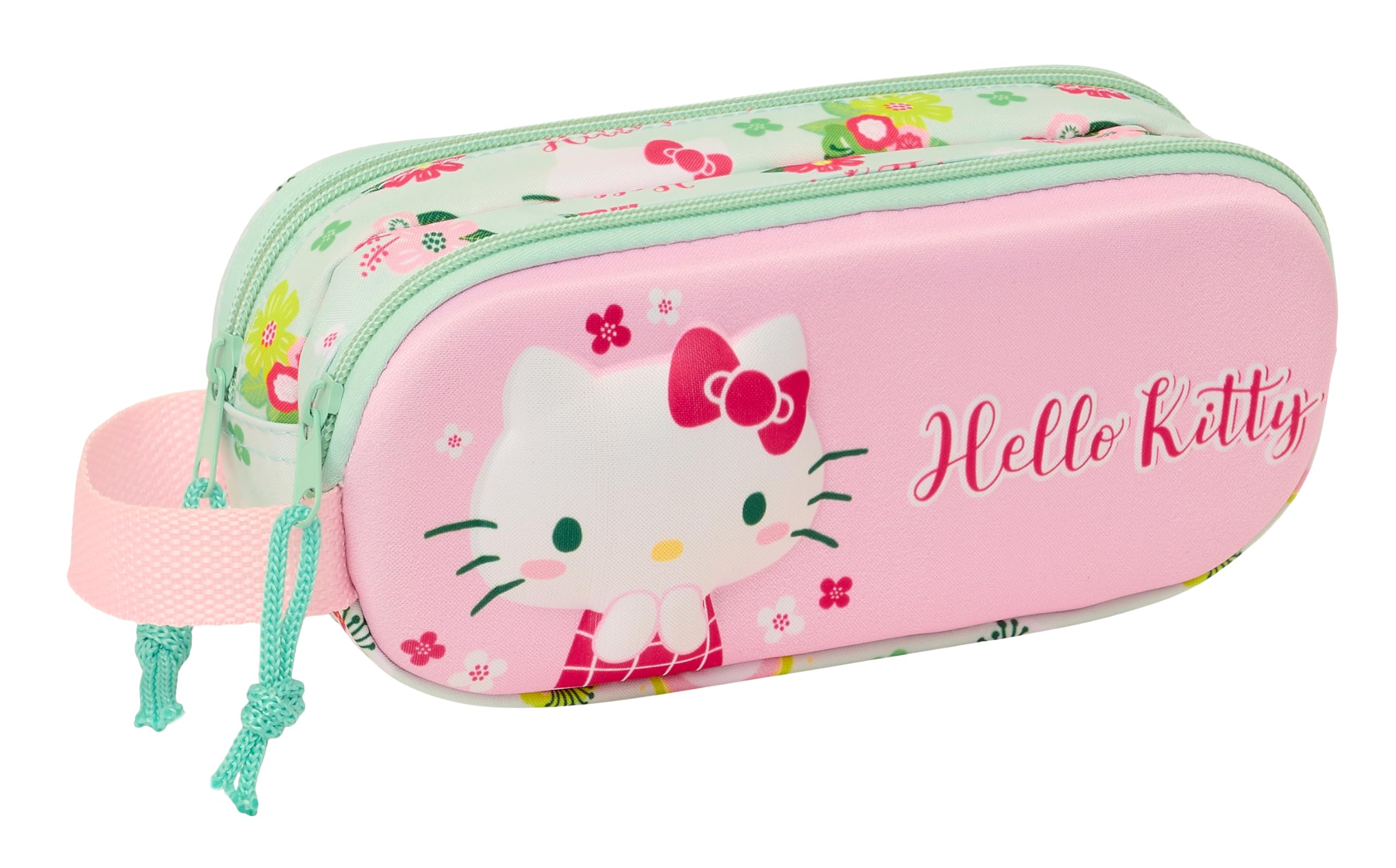 Safta Hello Kitty 3D - Portatodo Doble 3D, Estuche Infantil, Estuche Niño, Ideal para Niños en Edad Escolar, Cómodo y Versátil, Calidad y Resistencia, 21x6x8 cm, Color Rosa/Verde