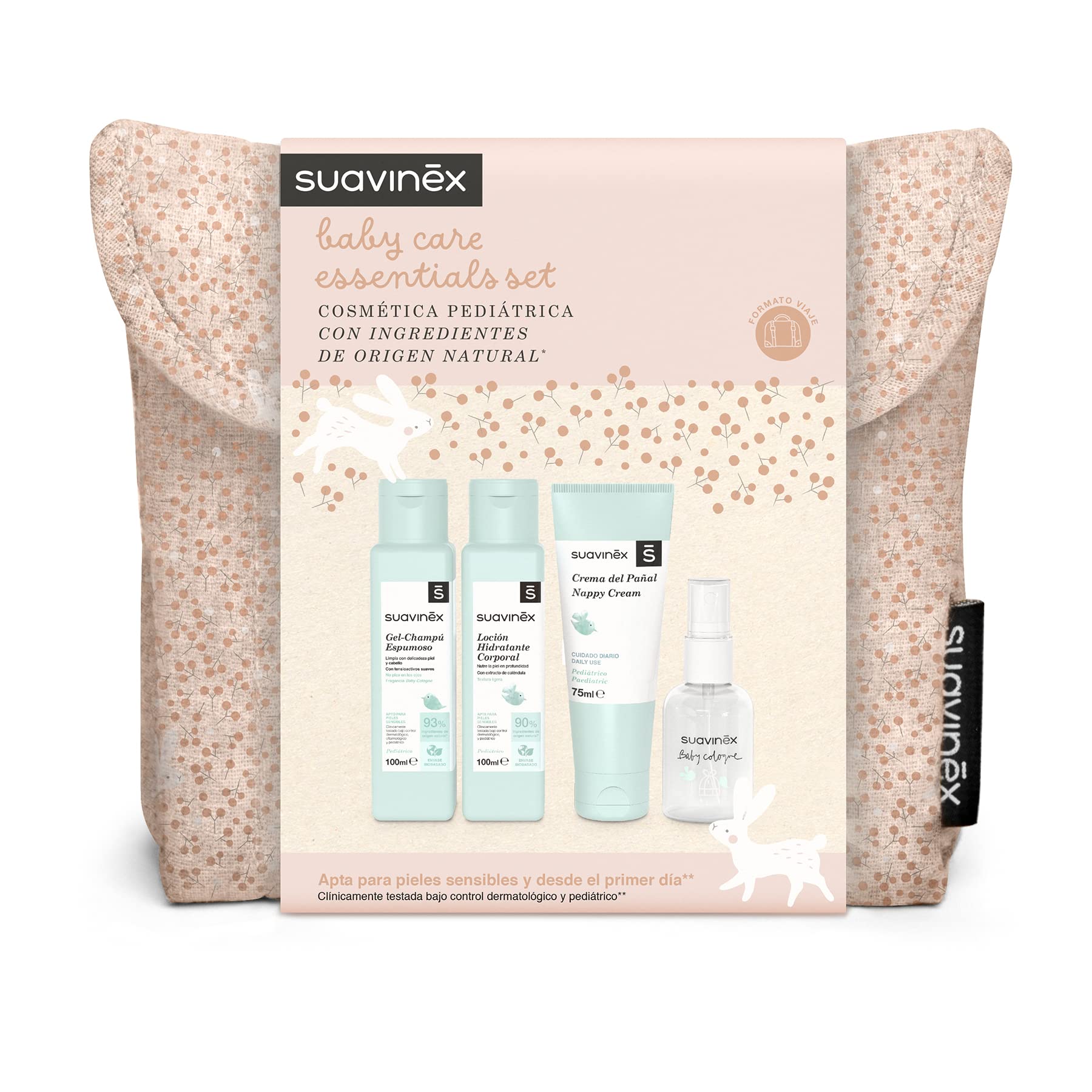 Suavinex Beauty Case Viaggio Tessuto Kit Regalo Neonato 4 Prodotti Rosa