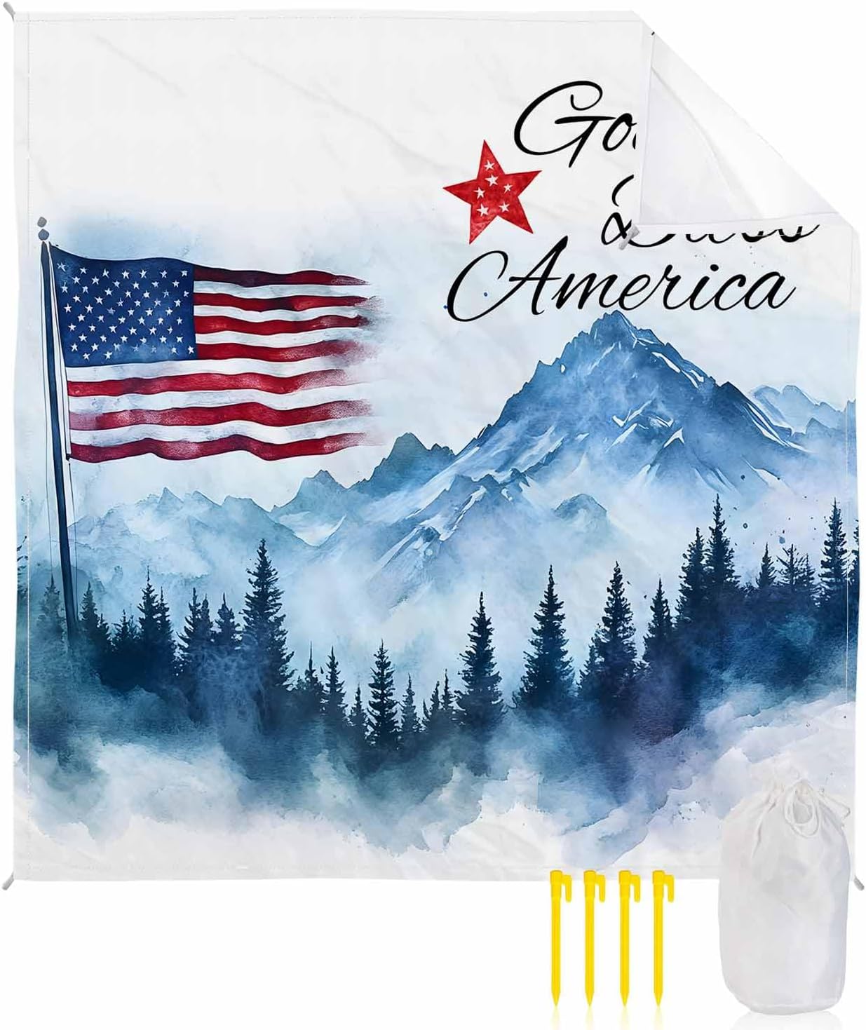 Independence Day Forest USA Flag Beach Blanket Extra Large 118x108in Outdoor Waterproof Sandproof Picnic Blankets with Stakes Lightweight Beach Mat for Camping Travel,Natural Mountain Landscape
