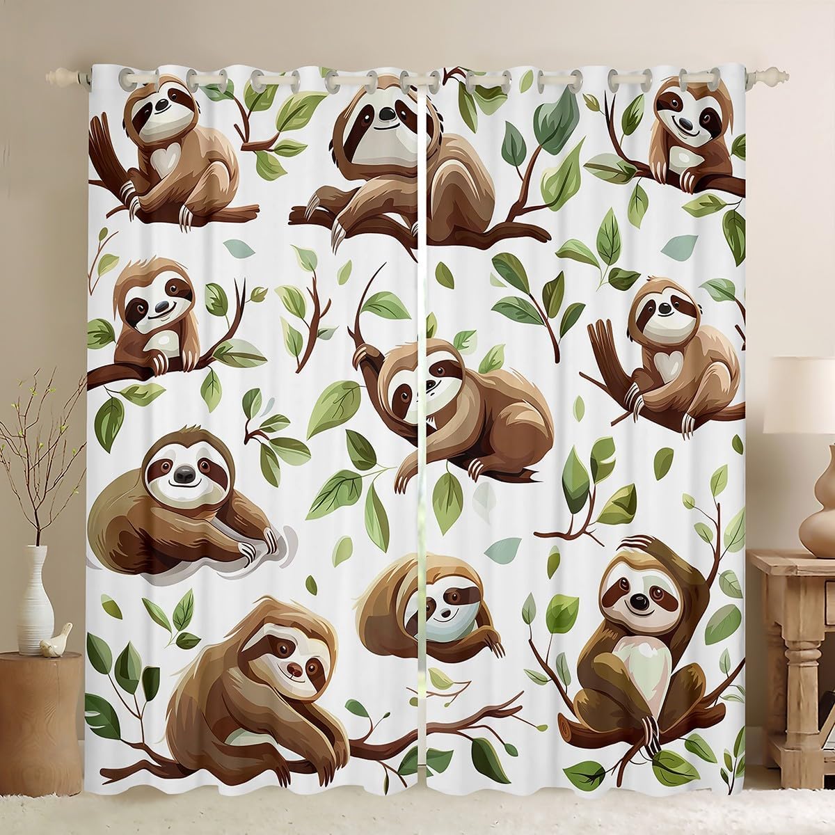 Cartoon Sloth Window Curtains Tropical Animal Wildlife Darkening Blackout Curtains Kawaii Sloth Window Treatments Green Leaves Botanical Grommet Top 2 Panel Set Drapes,38Wx45L