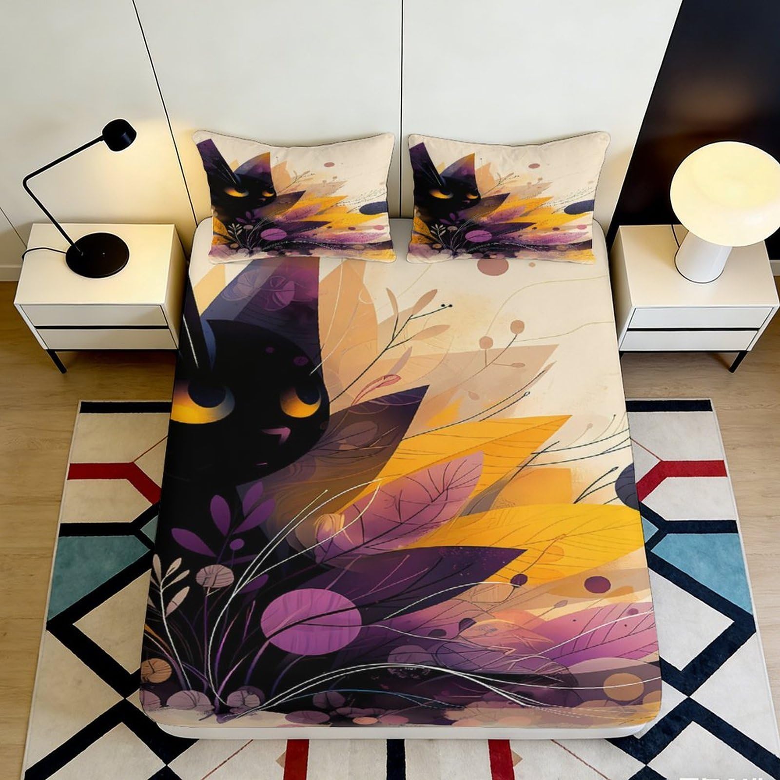 K1r3d9e5 Style-6 3D Printed Abstract Floral Fitted Sheet Microfiber Vibrant Purple Yellow Bed Cover For Bedroom Guest Room Easy Care 90X200x25cm