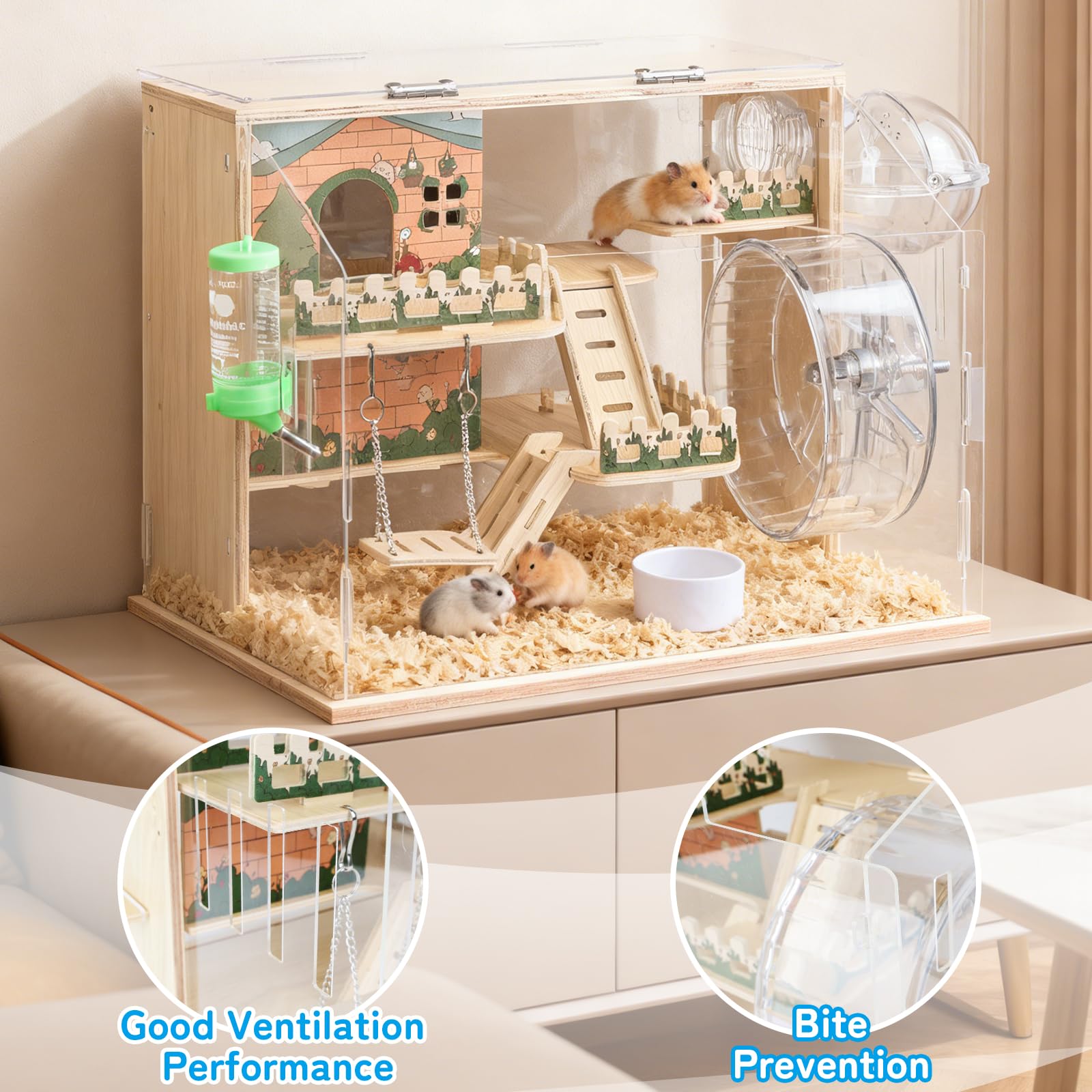 Hamsterkäfig aus Holz, für Rennmäuse, Ratten, Meerschweinchen, Mäuse | Hamsterhabitat mit 270°-Sicht, Belüfteter Kleintierkäfig mit gut einsehbaren Acrylplatten