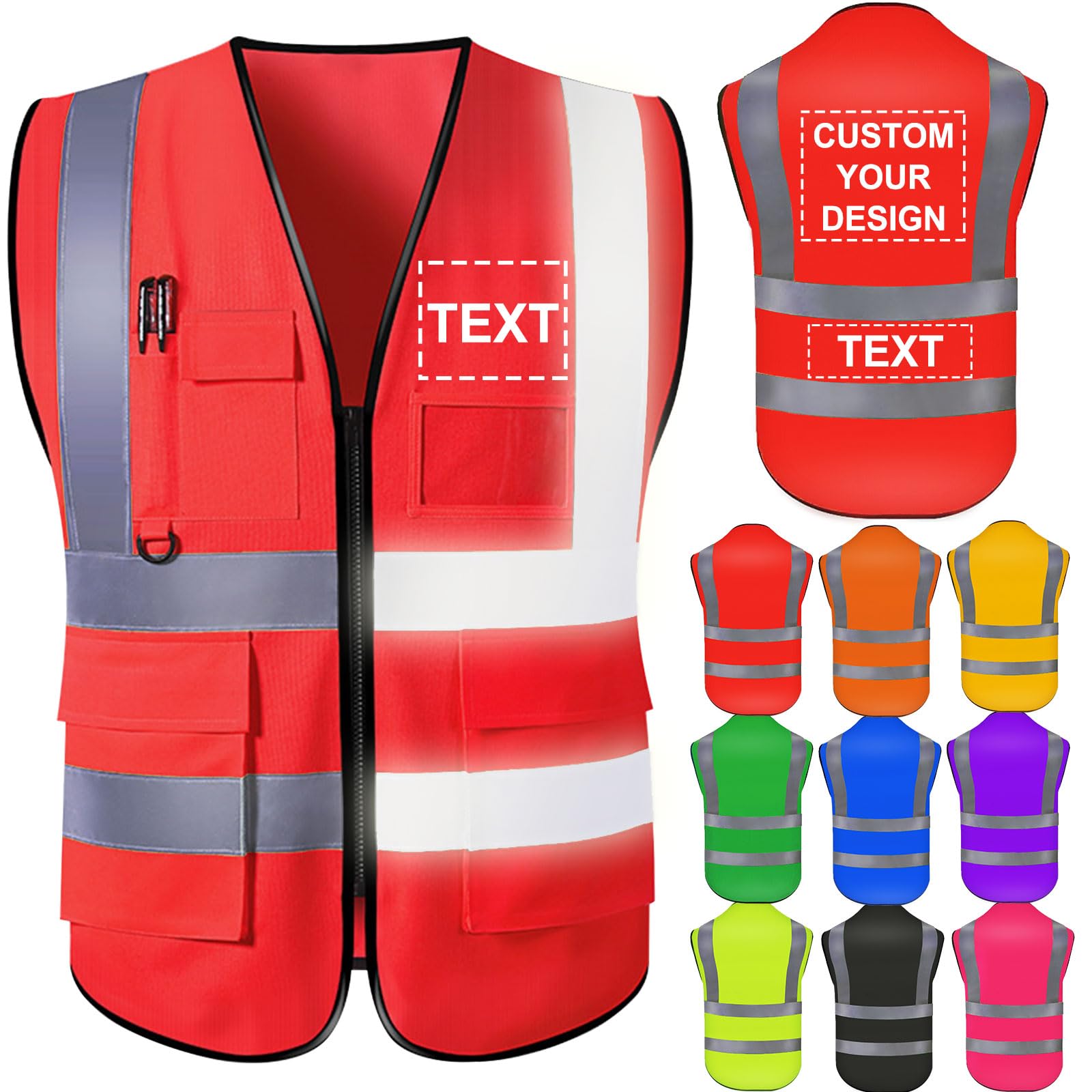 Custom Safety Vest for Men with Logo High Visibility Safety Vests Reflective with Pockets and Zipper Construction