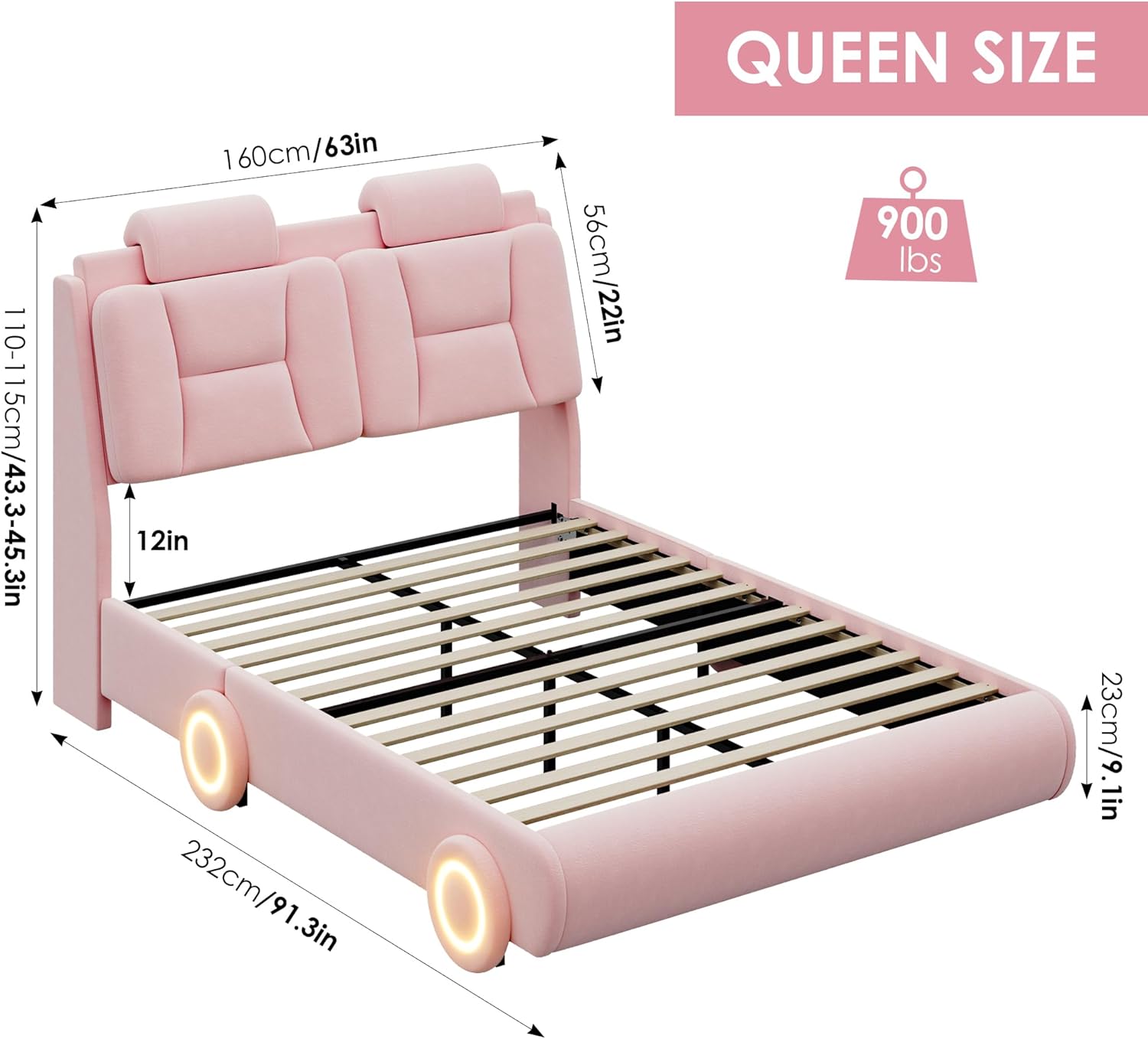 Keyluv Queen Led Car Bed Frame with Wheels Decor & Adjustable Curved Headboard Modern Upholstered Platform Bed with Detachable Pillows Solid Wooden Slats Support No Box Spring Needed, Velvet Pink