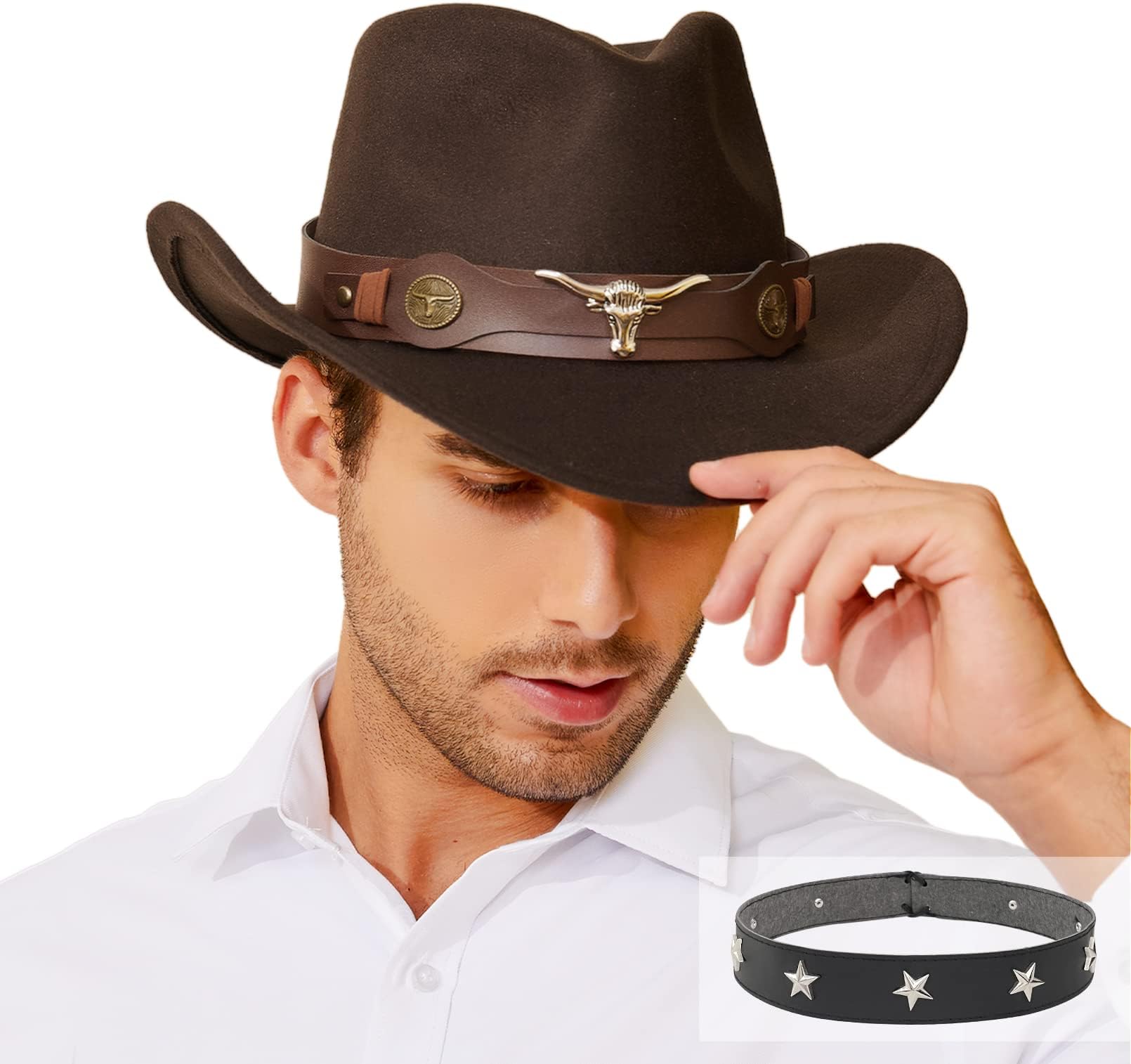 Cowboy Hat Men, Coffee Cowboy Hat for Women, Western Style Hat with Wide Belt Wide Brim Dark Brown